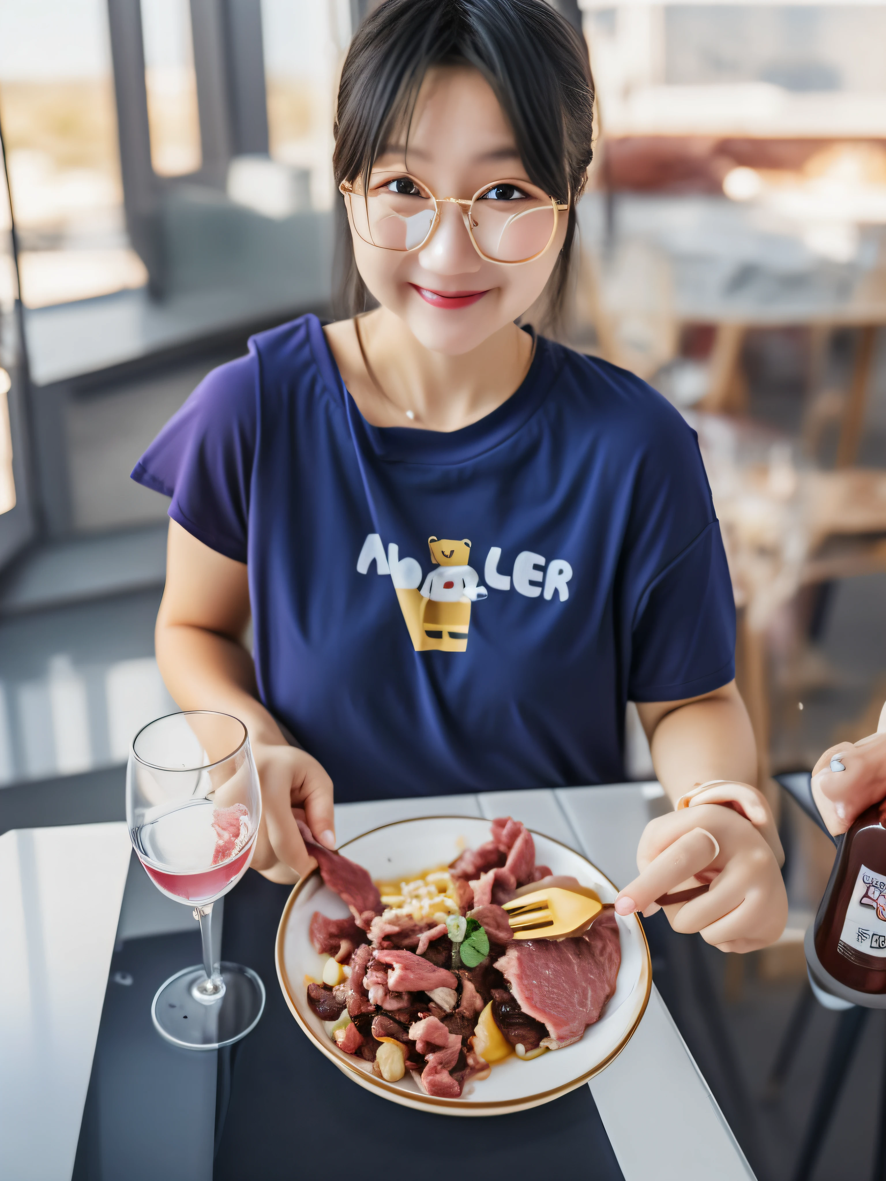 There was a woman sitting at the table,Carrying a plate of food,Dinner, Cute 18 year old girl, Delicious food, eating meat,Wears pink short sleeves,Gold-rimmed glasses,fair white skin,best qualitiy, beatutiful face, (photo realistic:1.3), edgelighting, (High Detail Skins:1.2), 8K UHD, hight quality, highly resolution, 4K, 8K, Bokeh, absuredres, Optimal proportions of four fingers and one thumb, (逼真:1.3), Cute 1girl, mediuml breasts
