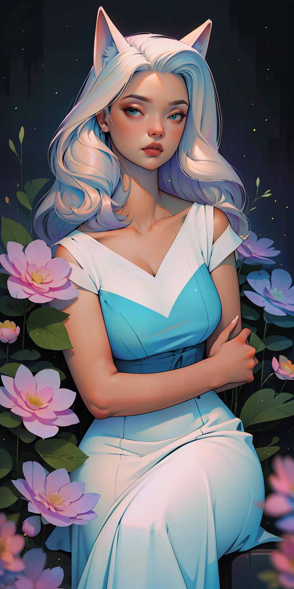 A glorious sunrise, aura, glow, aurora, Spectrum Rainbow, angel wings, Cat's ears, wolf,Background, in chic lavender white mint hair, pastel, mixed-language_SMS, (beautiful and clear background:1.2),, fantastic paintings , olhos altamente detalhados, crystals, cosmos, galaxy, Long Hair, Flora Peony, poppy, hydrangea, Plants, Loving, Love, ultra detailed hair, Best Quality, hig quality, high-resolution, detail enhancement, ((most beautiful image in the world)), Masterpiece, Best Quality, High Quality Detail Enhancement, ((most beautiful image ), Shiny hair, ultra chic dress print, Stampa Flores, art by stjepan sejic, art by j scott campbell, art by guillem march, art by citemer liu, 4k, high-resolution, comic book character, comic, high quality detailed, style of ::2.0 comix illustration style,tatoon style, hig quality, high-resolution, detail enhancement, 8K, HD, Best Quality, hig quality, high-resolution, detail enhancement, 8K, HDR, Sharp focus, Ultra Detailed, Perfect lighting, Curvy Body, Lush breasts, Curvy hips, Sits