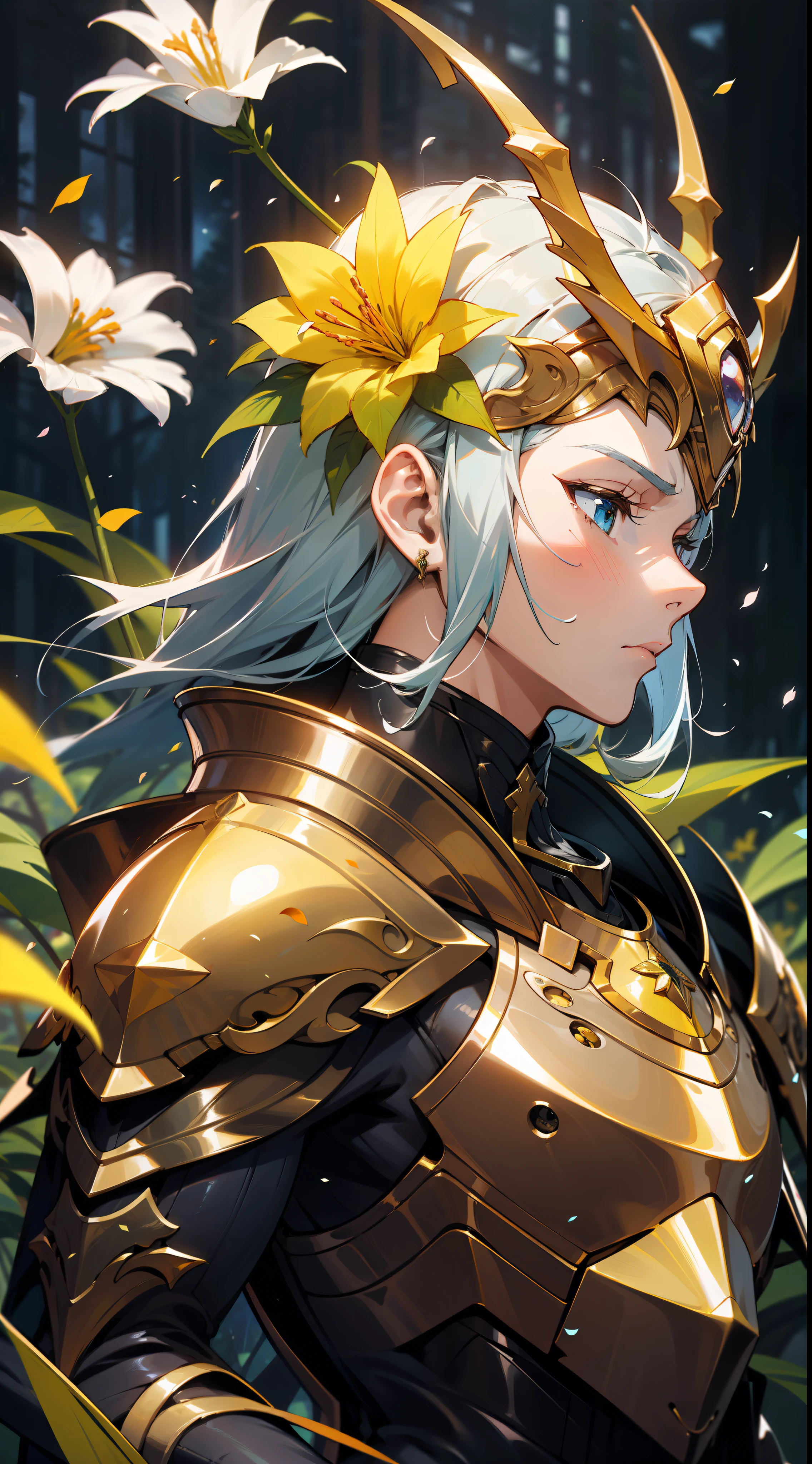 Uma deusa da floresta com uma coroa de flores, corpo inteiro, determined and confident expression, serious guy, wearing a colorful yellow armor with flower petals and shiny jewelry, em uma floresta de folhas azuis, with cosmic sky