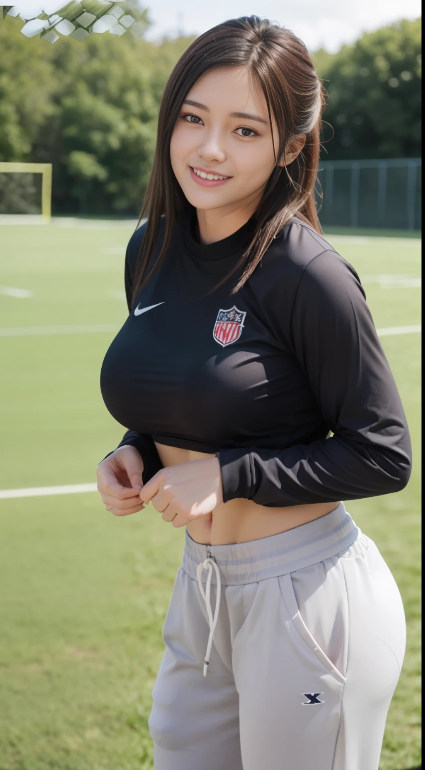(8k, RAW Photo, Best Quality, Masterpiece: 1.2), (Realistic, Realistic: 1.37), Ultra High Resolution, Photon Mapping, Physically Based Rendering, 1 Girl, (Brunet: 1.3), Long Legs, Detailed Face, Detailed Eyes, Huge Breasts, Shiny Skin, Standing, Looking at the Viewer, (Light Smile Cute: 1.2), (Happy), Healing Cute, (Football Field: 1.2), (Evening: 1.2),sweat pants,Open sports jacket,sport bra,Whistle hanging on the chest,