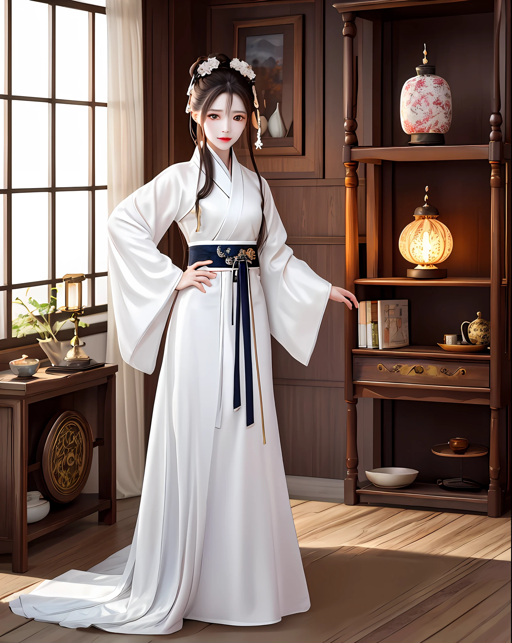Excellent, masterpiece, high resolution, 1 woman, beauty, Hanfu, white robe, indoor, tea, incense burner, bookcase, oil lamp, warm light