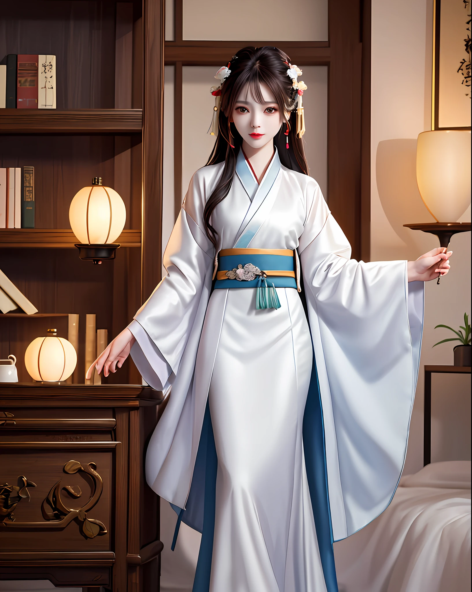 Excellent, masterpiece, high resolution, 1 woman, beauty, Hanfu, white robe, indoor, tea, incense burner, bookcase, oil lamp, warm light