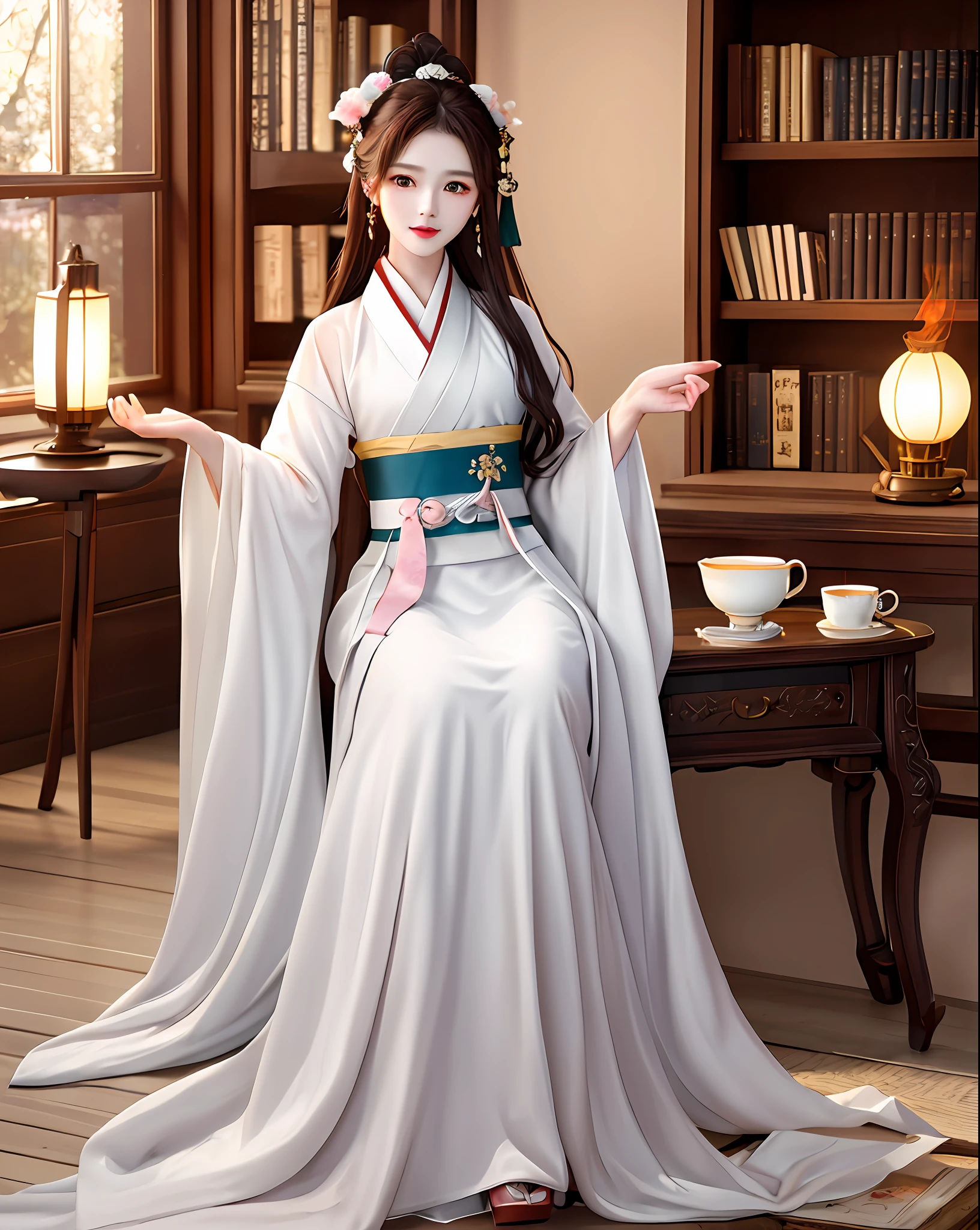 Excellent, masterpiece, high resolution, 1 woman, beauty, Hanfu, white robe, indoor, tea, incense burner, bookcase, oil lamp, warm light