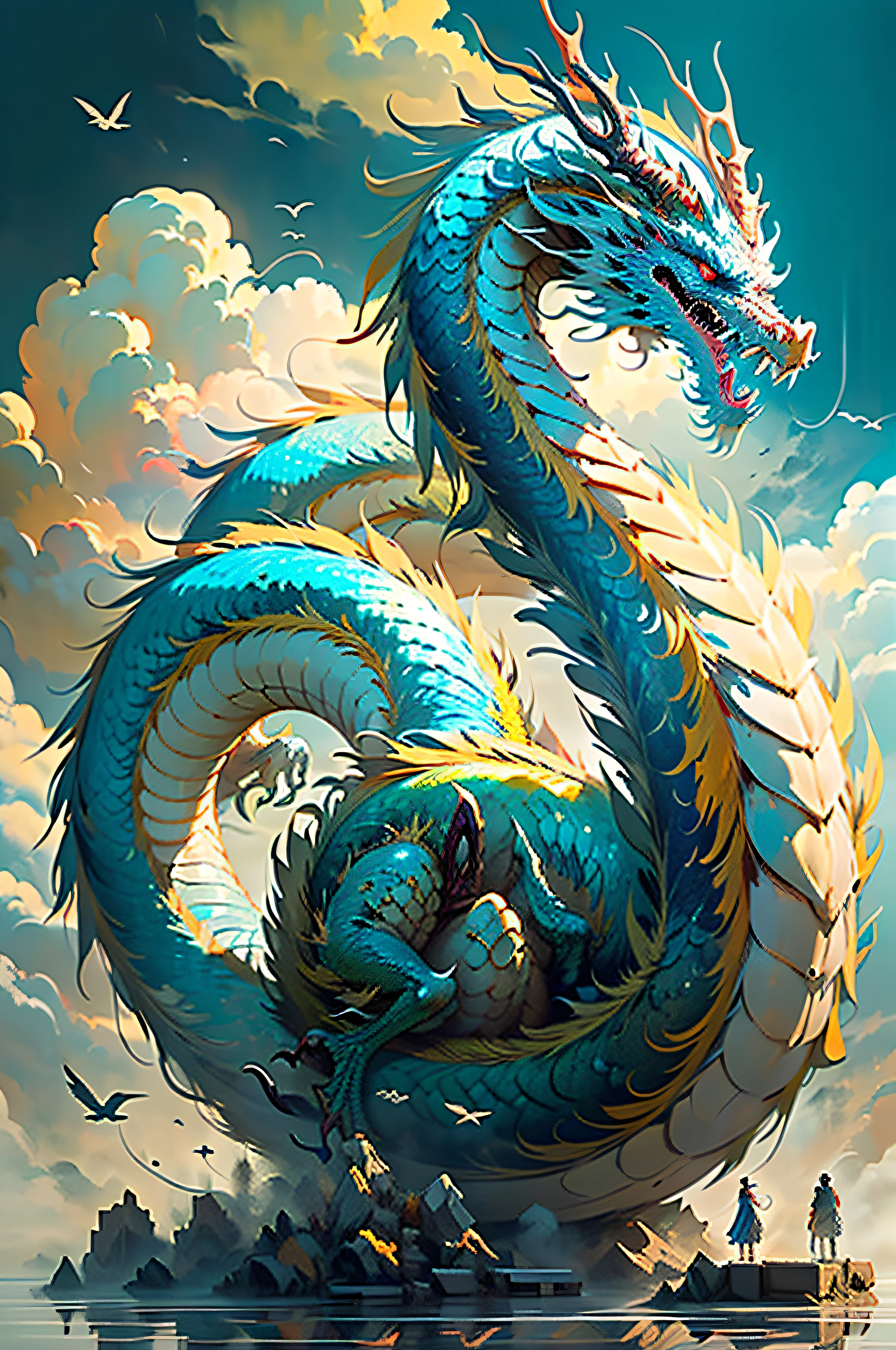 Best quality, masterpiece, super high resolution, Chinese dragon, (length: 1.2), (fine: 1.2), long hair, sharp teeth, red eyes, teeth, huge, bird, outdoor, standing, scales, clouds, horns, from behind, armor, sky, open mouth, confrontation, charge, monster, size difference, white hair, building, valley, (realistic texture: 1.2), (glowing multicolored scales: 1.2), (realistic details: 1.2), hdr, ultra-detailed 3D modeling like Tim Burton, Dale Chihuli, Xiaolongcheng, Cyril Rolando and other authors such as Jr. Giger's style paintings are just as magical. Shadows and lighting intertwine to create brilliant effects.