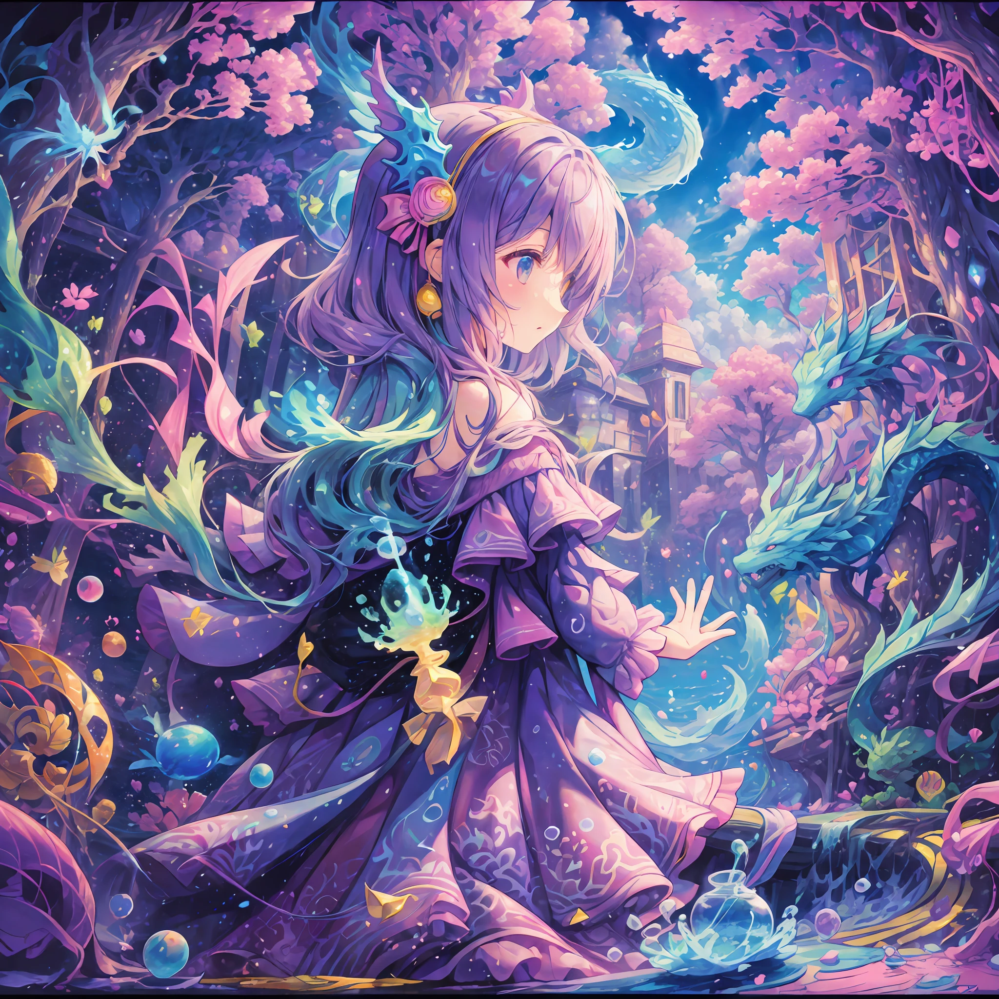 Fantastic Magical World、Big pink tree、Colorful Cloud、Water spirits and lots of water bubbles、Cloud Dragon、The 、