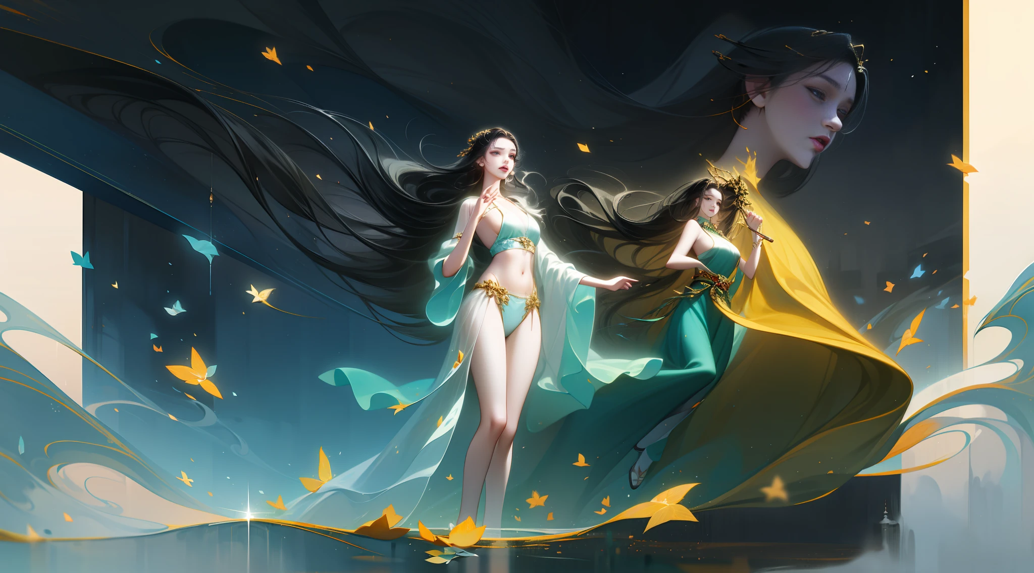 dark haired，long haired，Straight hair，dishiveredhair，Shawl hair，A Chinese fairy dressed in Hanfu and bikini，More detailed face，（Drizzle 2.0），standing on the water ground，Expressionlessly，Frigid style，high qulity，anatomicaly correct，8k壁紙，8K anime，An ultra-high picture quality，nmasterpiece