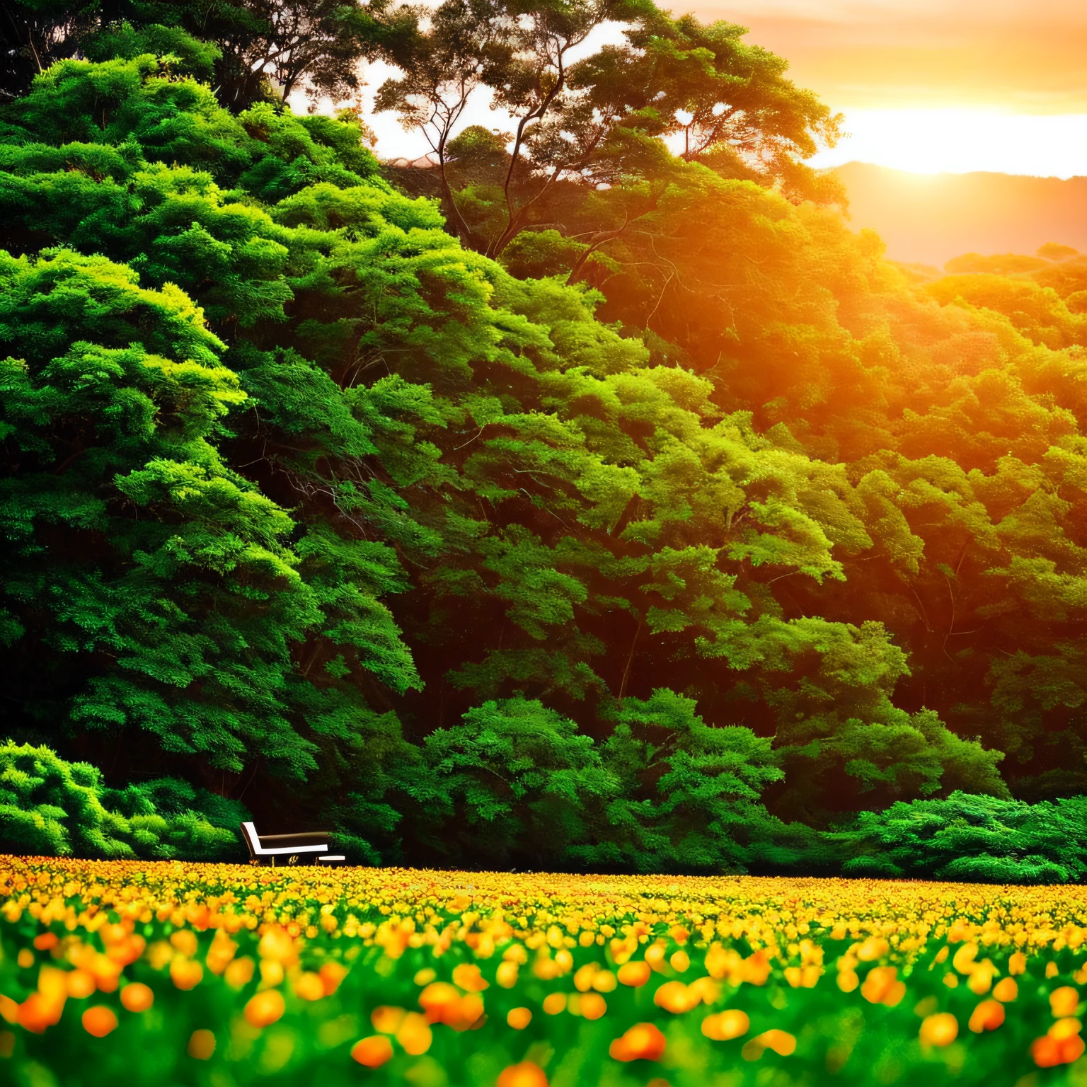 it's a sunset over a verdant field, with colorful flowers and a leafy tree. Nessa cena, The sky is tinged with golden and orange tones, enquanto os raios de sol se estendem pela paisagem. One can imagine someone sitting on a bench, apreciando a beleza do entardecer, sentindo-se grato pelas pequenas coisas da vida, pela tranquilidade e pela natureza exuberante ao redor. This image evokes a sense of serenity, admiration and gratitude for the harmony and abundance present in nature. --auto