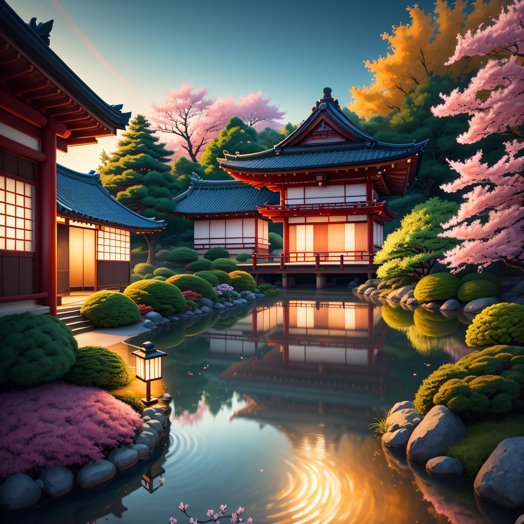 (digital painting),(best quality), serene Japanese garden, cherry blossoms in full bloom, koi pond, footbridge, pagoda, Ukiyo-e art style, Hokusai inspiration, Deviant Art popular, 8k ultra-realistic, pastel color scheme, soft lighting, golden hour, tranquil atmosphere, landscape orientation