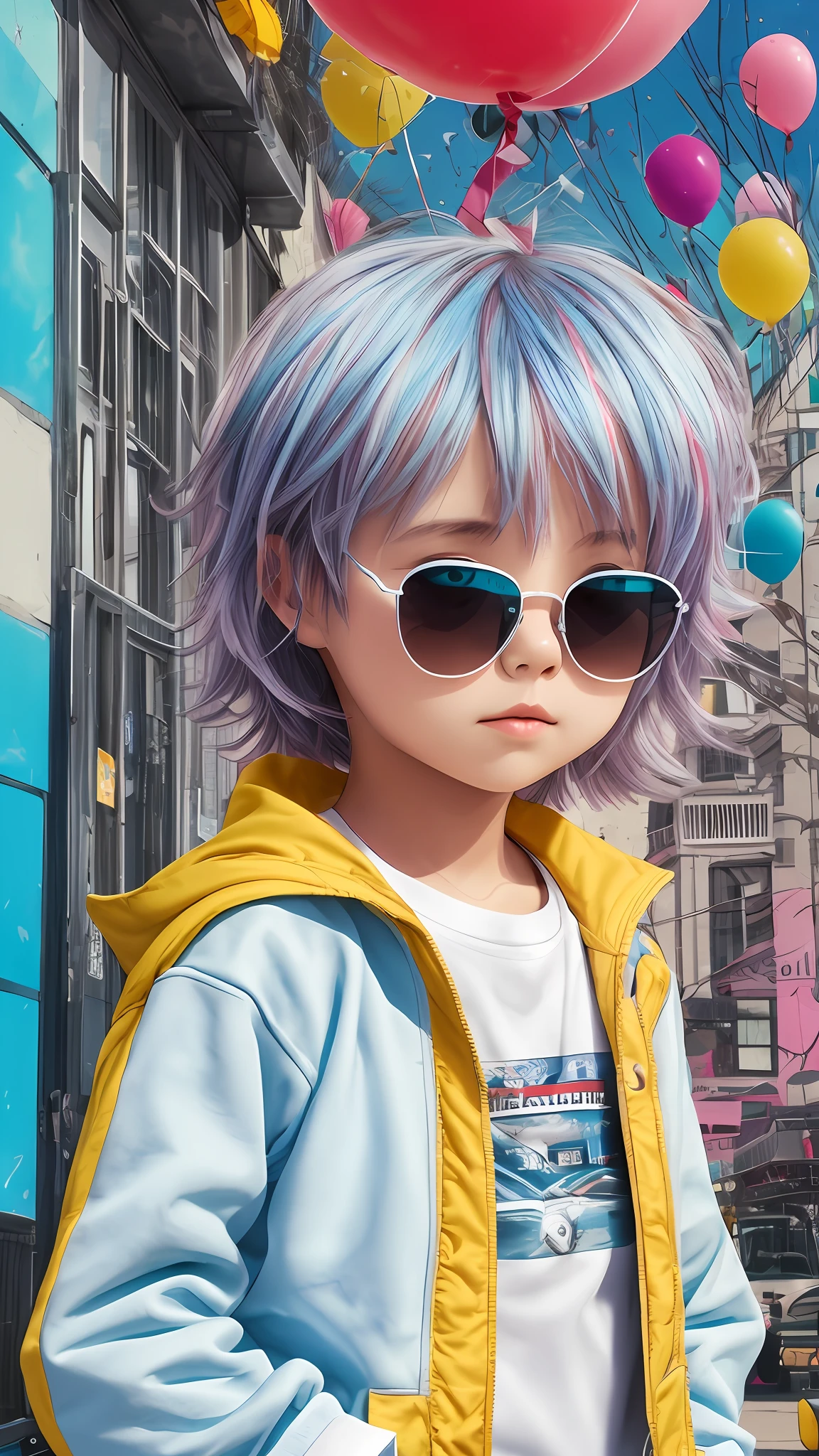 boy, beautiful and cute, wearing blue sunglasses, yellow jacket, white sweatshirt, lots of colorful balloons, baby face, chibi style, red and blue two-color hair, perfect detail eyes, delicate face, perfect CG, HD picture quality, colorful balloons, sky, a white truck parked in front of a building, --auto --s2