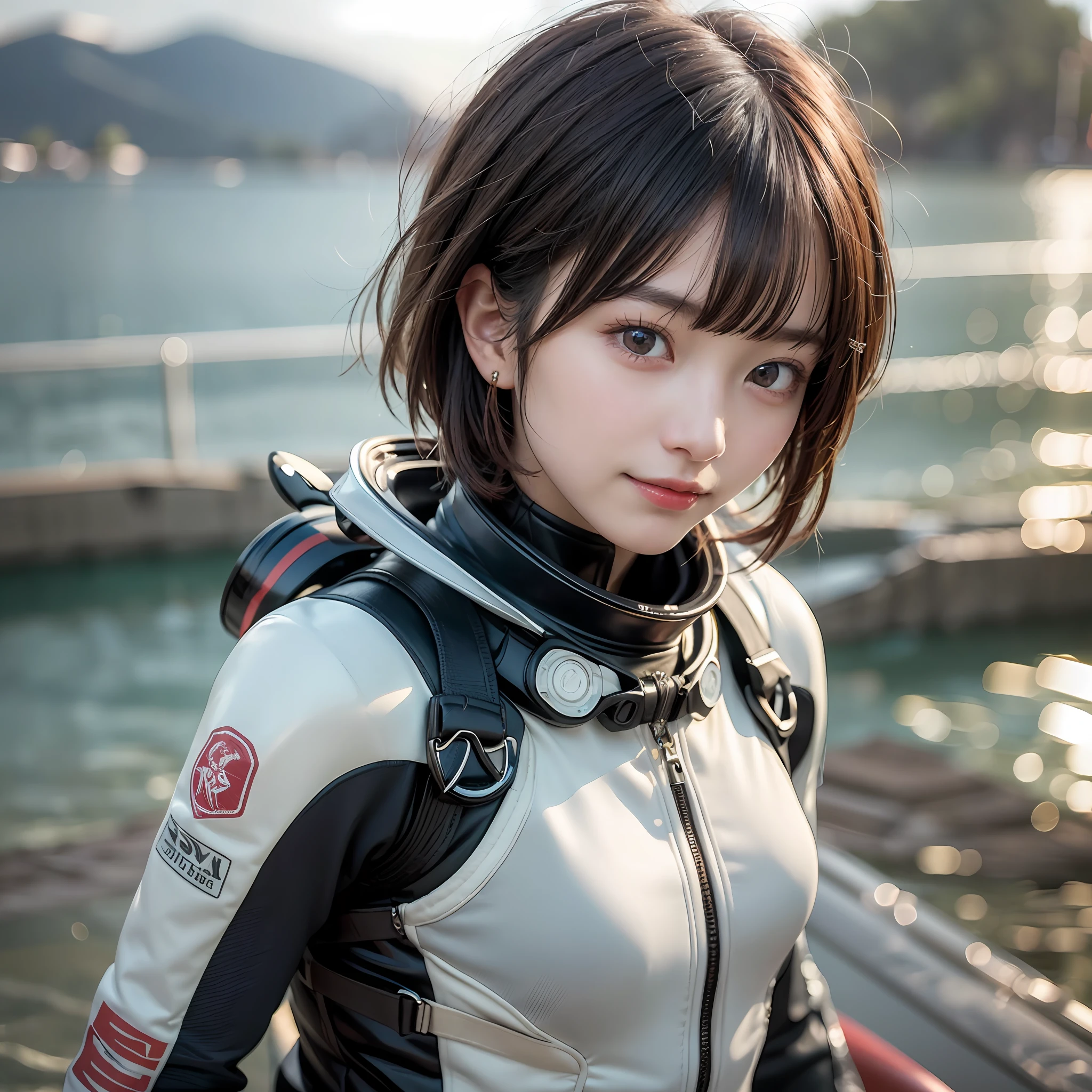 (RAW Photo: 1.2), (Photorealistic: 1.4), (Masterpiece: 1.3), (Best Quality: 1.4), Ultra High Resolution, (Detailed Eyes), (Detailed Facial Features), (Detailed Clothing Features), HDR, 8k Resolution, Solo Focus, Bangs, Skin Tightness, (Shiny Skin), (Slender Girl), Dreamy,
(extreme detailed drawing), confirmation of commentary, request for commentary, landscape, no text,
Virtual Girl Lynn, Small Tits, Bob Hair, Short Hair, Brown Hair, Brown Eyes,
1 Girl, Upper Body,
white diving suit,
Happiness, smile,