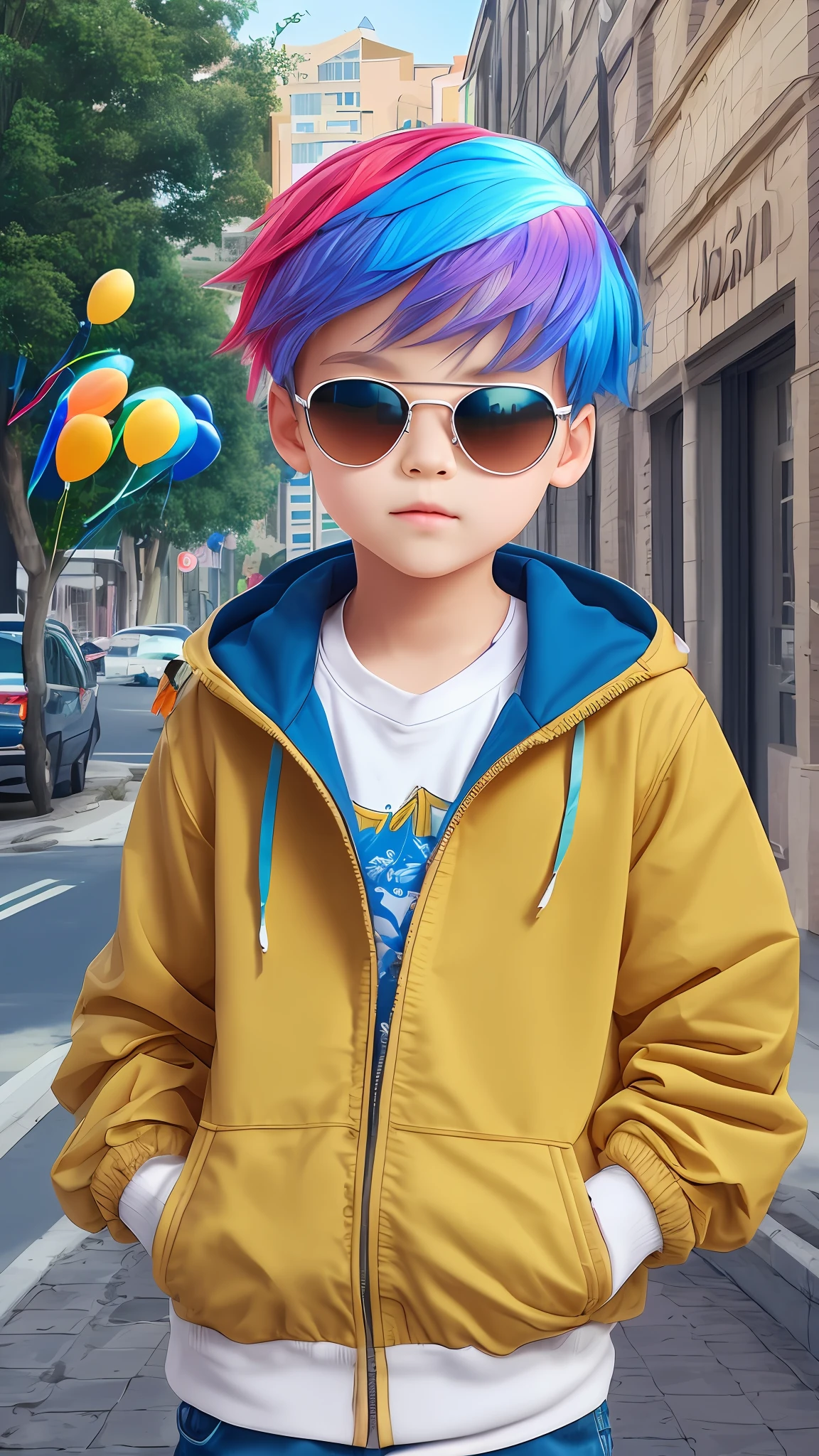 boy, beautiful and cute, wearing blue sunglasses, yellow jacket, white sweatshirt, lots of colorful balloons, baby face, chibi style, red and blue two-color hair, perfect detail eyes, delicate face, perfect CG, HD picture quality, colorful balloons, sky, a white truck parked in front of a building, --auto --s2