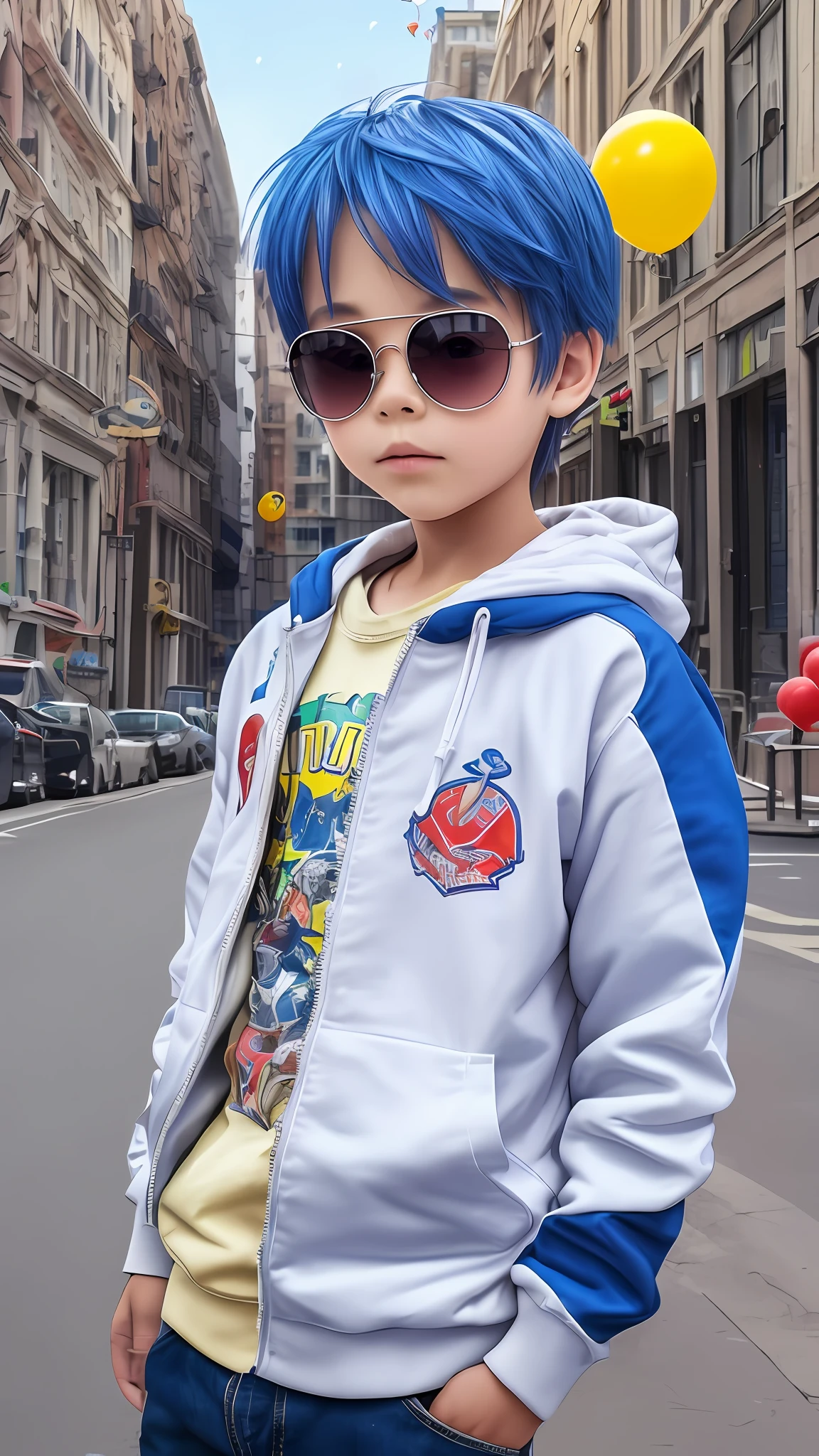 boy, beautiful and cute, wearing blue sunglasses, yellow jacket, white sweatshirt, lots of colorful balloons, baby face, chibi style, red and blue two-color hair, perfect detail eyes, delicate face, perfect CG, HD picture quality, colorful balloons, sky, a white truck parked in front of a building, --auto --s2