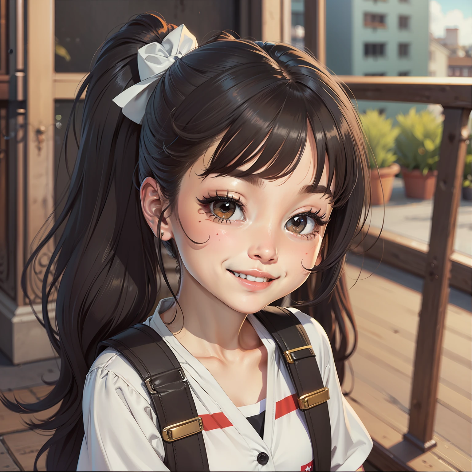 Double ponytailed girl on deck，Smile with