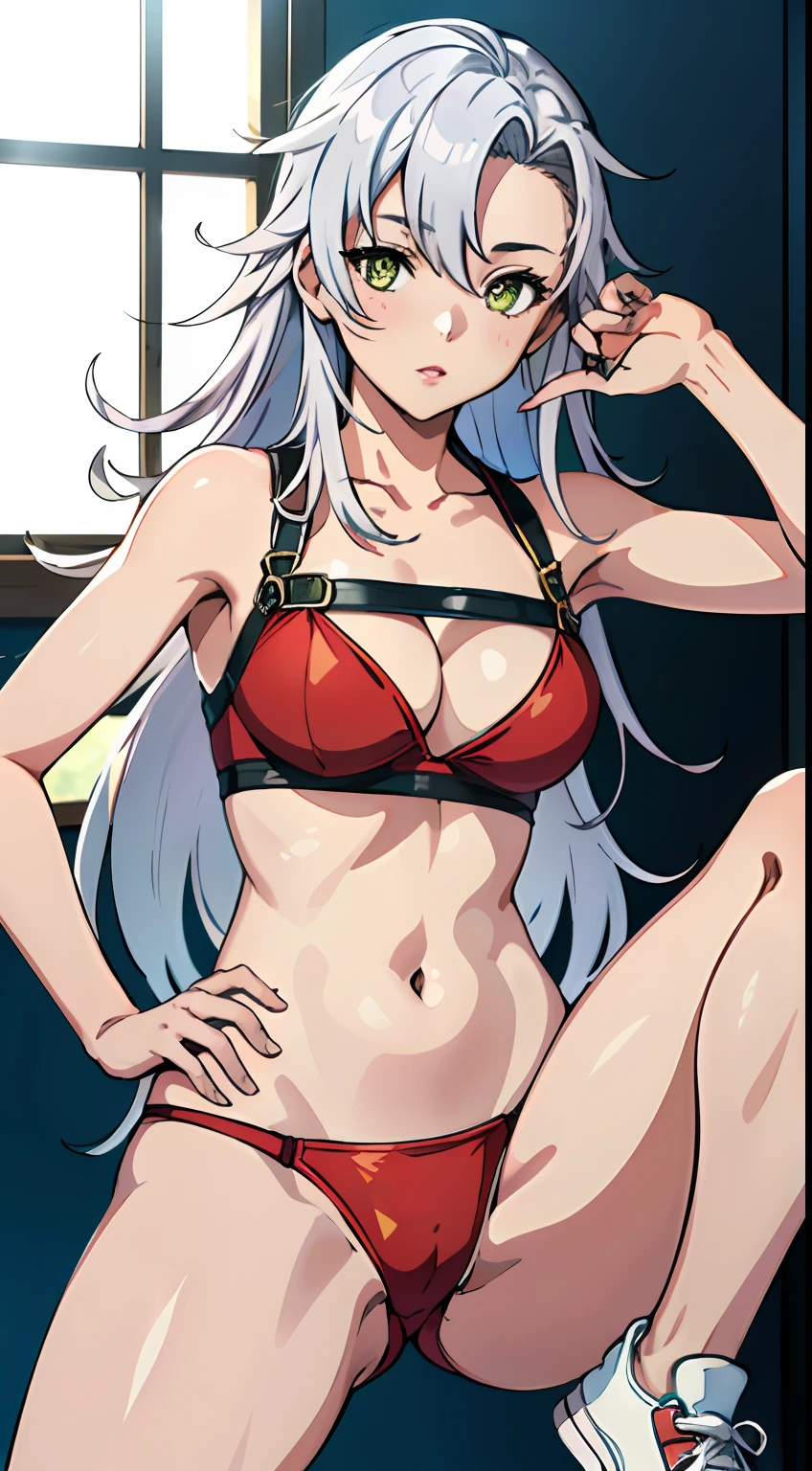 ((obra-prima)), ((melhor qualidade)), ((alto)), ((extremamente detalhado CG unidade 8k wallpaper)), 1 mulher, She is Fie Claussell of kuro no kiseki, blue and red bikini, na cozinha, white sneakers, seios pequenos, Pescador, sexy:1,2