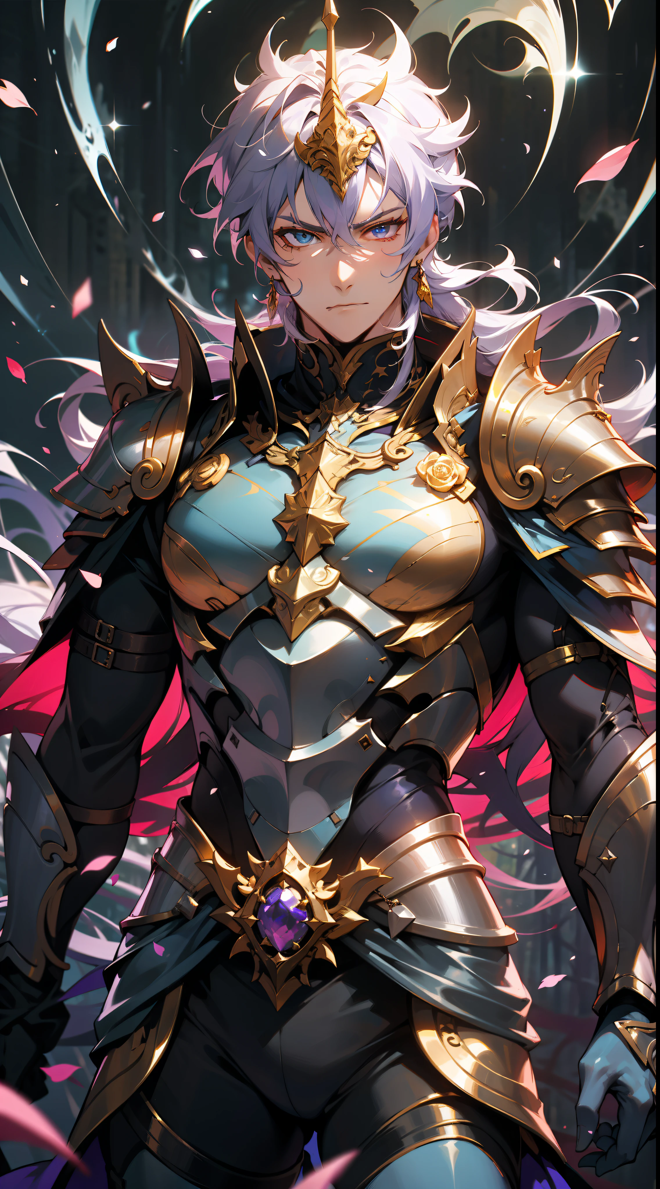 Uma deusa da floresta com uma coroa de flores, corpo inteiro, determined and confident expression, serious guy, wearing a colorful purple armor with flower petals and shiny jewelry, em uma floresta de folhas azuis, with cosmic sky