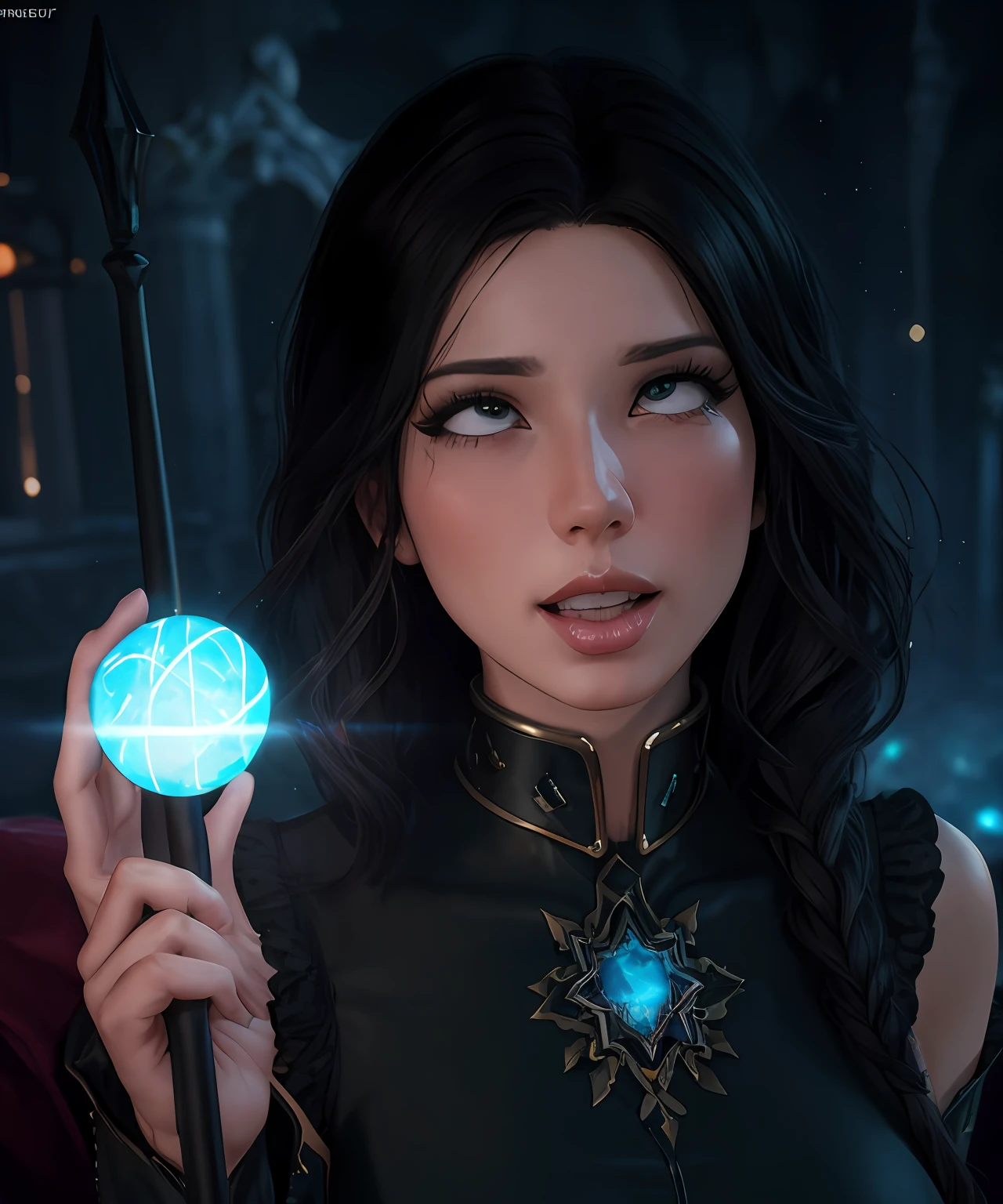 fantasy setting, sharp focus, high quality photo of beautiful nordic mature woman,magician , wearing black clothes with silver tracery, white single braid hair, confident look, rising ((magic staff with shining sphere atop)), glowing runes flying around, jewelry, detailed eyes, low body-fat, cinematic lighting, highly detailed, (matching eyes:1.2), fully body photo, epic pose, night sky background, art by charlie bowater, (Extremely Detailed Oil Painting:1.2), glow effects, godrays, Hand drawn, render, 8k, octane render, cinema 4d, blender, dark, atmospheric 4k ultra detailed, cinematic sensual, Sharp focus, humorous illustration, big depth of field, Masterpiece, colors, 3d octane render, 4k, concept art, trending on artstation, hyperrealistic, Vivid colors, extremely detailed CG unity 8k wallpaper, trending on ArtStation, trending on CGSociety, Intricate, High Detail, dramatic, (ahegao:1.5)