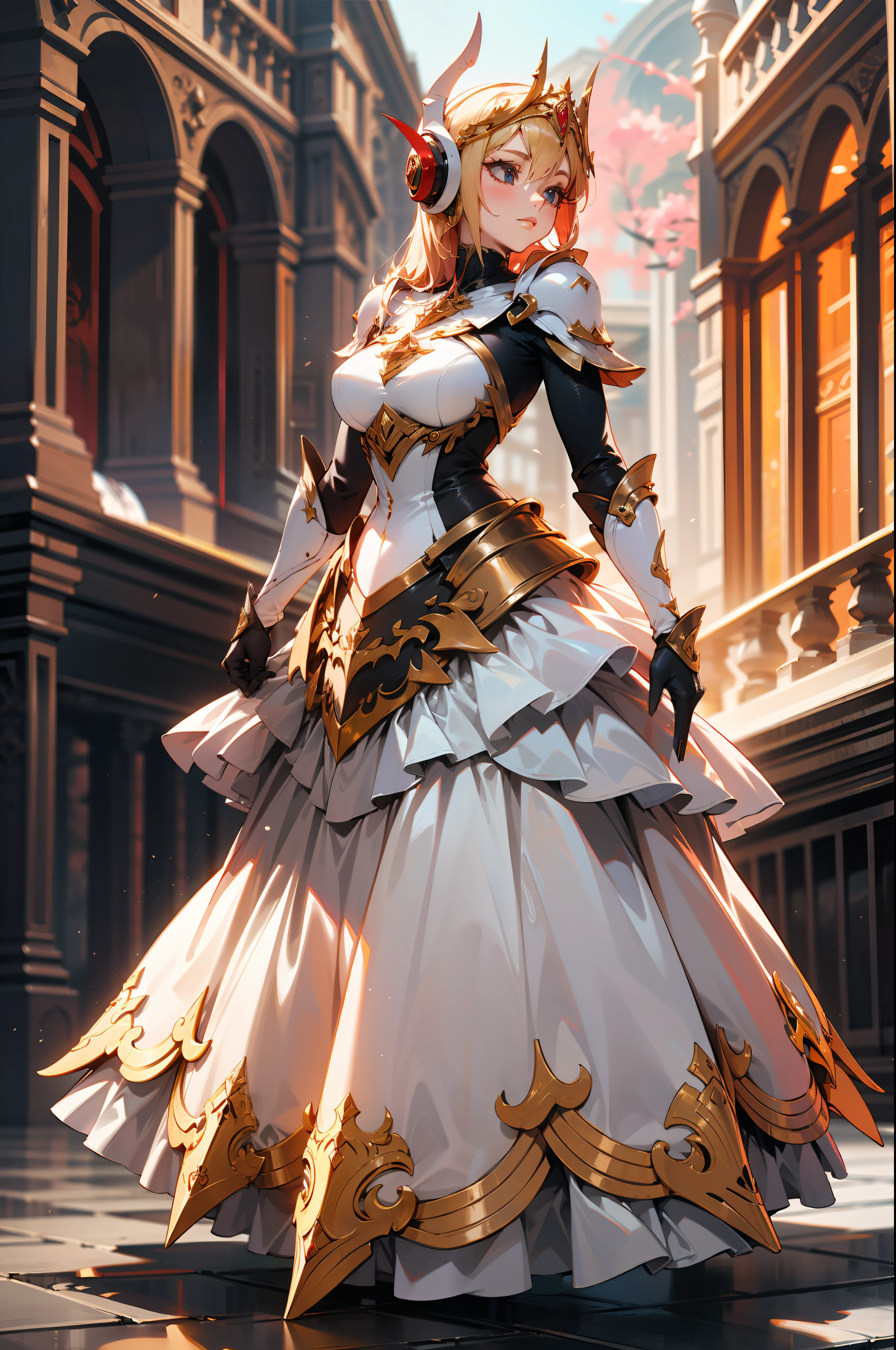 Princesa Peach usando uma armadura vestido rosa e dourada, elmo dourado, coroa, masterpiece, linda