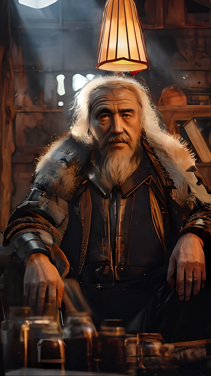 an old man sitting in a room with a lot of jars, An old man, old cowboy in the arctic, portrait photo of an old man, Wise old man, still from a live action movie, cyberpunk old man, Inspired by Hu Zaobin, Old man, inuk, mongol, Cinematic. author：leng jun, inspired by Wu Daozi --auto