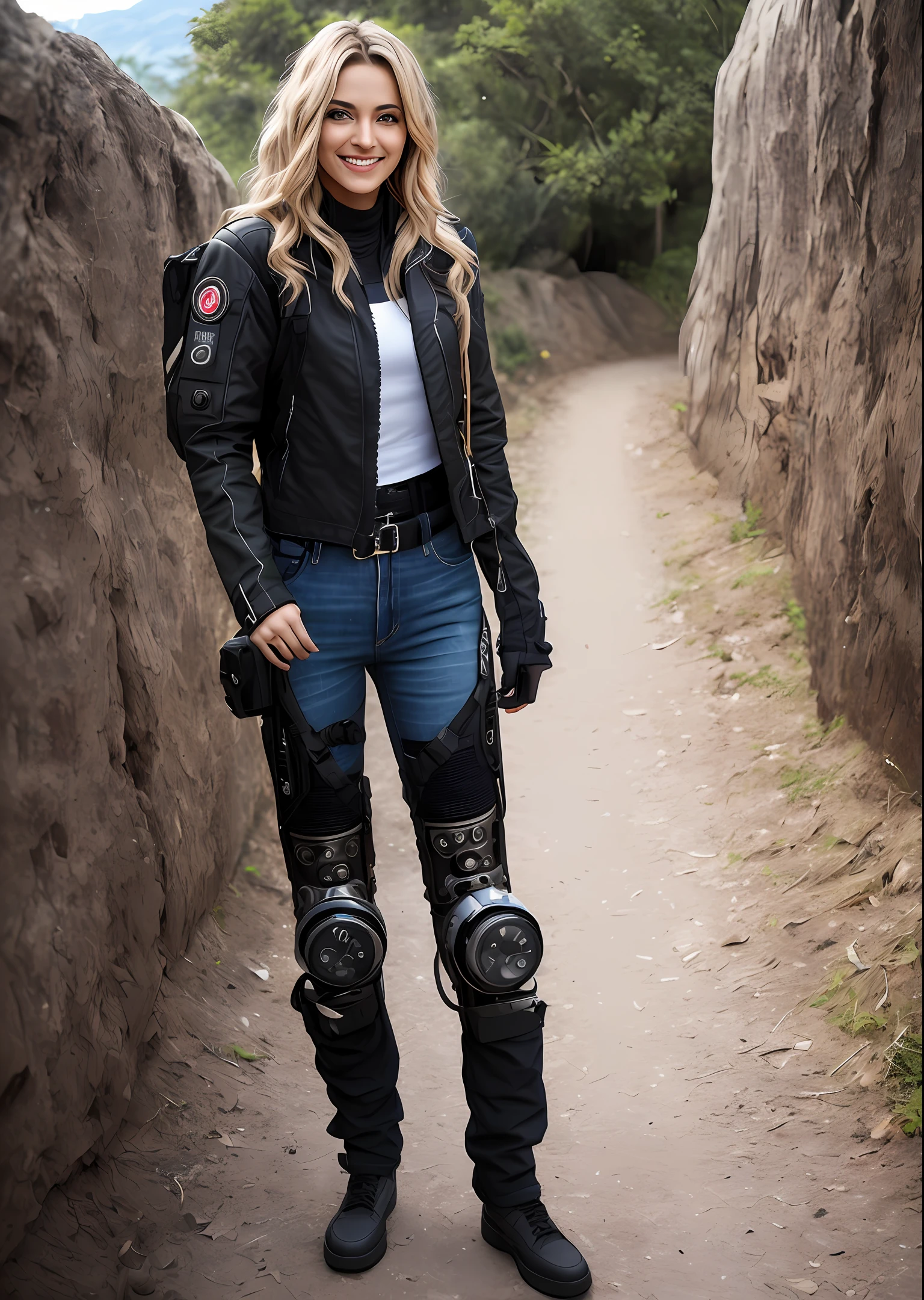 Marie Frederikssen aos 30 anos, jaqueta de couro branca, jeans preto, Tactical Black Cybernetic Body, Action Pose, modelshoot, Dead end, moto, de fundo cidade futurista iluminada, fotorrealista, 8k, melhor jaqueta, corpo proporcional, olhar para o expectador, sorriso incrivel, standing on, Nokia camera, Fuji Camera
