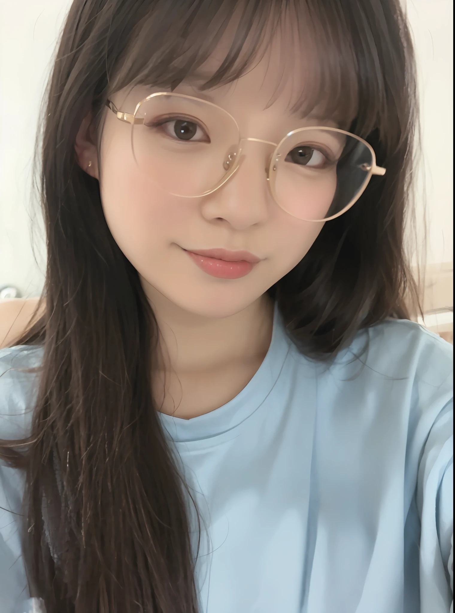 a close up of a woman wearing glasses and a blue shirt, With glasses, Urzan, jaeyeon nam, wearing thin large round glasses, wearing small round glasses, Korean girl, clear cute face, eye glass, headshot profile picture, wenfei ye, wears glasses, xintong chen, girl with glasses, girl wearing round glasses