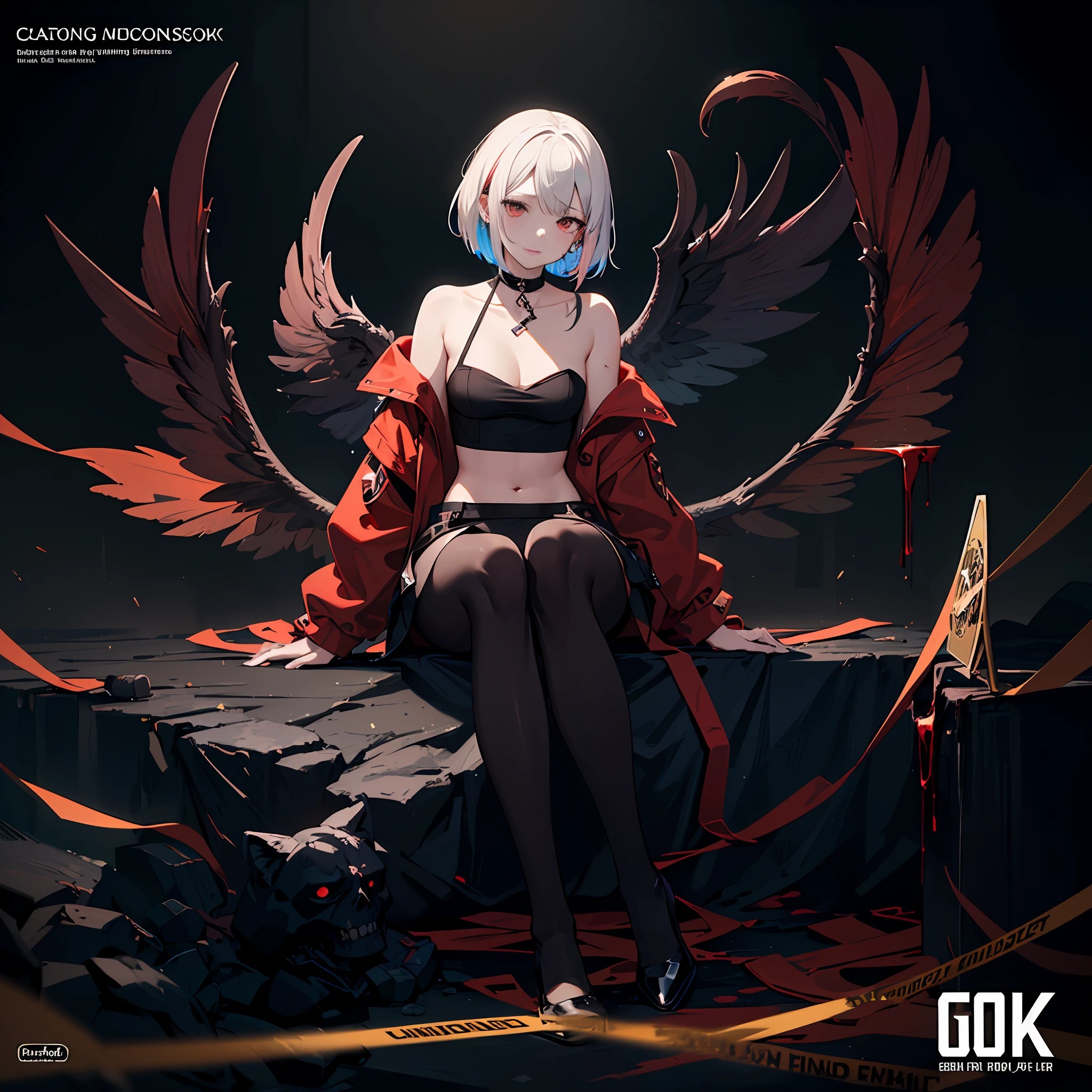 1girls,Excellent lighting, sidelit,(Curve:1.2),origen, 1girls, Solo, pantyhose, long boots, tail, Long hair, Black footwear, Looking at Viewer, Sitting, off shoulders, Red jacket, knee pads, Fox tail, from side, off-shoulder grey shirt, Bare shoulders, Grey shirt, fox girl, Black pantyhose, Red background, ,(Highest picture quality), (Master's work), (Detailed eye description), (8K Wallpaper),(Detailed face description),(FlatColor:1.3),(magazine_cover page:1.4),(Multicolored_Background:1.3),Striped_Background,Cards_Background,mixed-language_Texto,dvd_cover page,cover page,Looking at Viewer,Full body, industrial_pipes,Rust,(warning sign:1.2), (caution tape:1.3), (deadpan),Midriff,beautiful detailed collarbone, ((Masterpiece)), (((Best Quality))),((Beautiful detailed eyes)),(eyelash),1 girl,shiny skin,Oil,smalll breasts,Short hair,White hair,Dark eyes,Bloody Scar,Fallen Angel,Satan,Demon God,blood eyes,Bloody Body,Extremely detail CG unity 8k wallpaper,Masterpiece, ((Ultra-detailed)), ((illustration)),Colorful,wall paper,hopelessness,Crying Dead,Rotten Corpses,Unknown terror,Death,Pride,wrath,Sloth,greed,envy,gluttony,Lust,Wings of Six Fallen Angels,Unspeakable terror,black sun,black hole,Antireligious,cross,Do not touch,Serious ,((Best Quality)),(((((Masterpiece))))),amazing,Extremely detail CG unity 8k wallpaper,Highly detailed, finelydetail,ultra detaild,(((doujinshi))),artbook,shining ,Delicate face,Beautiful detailed sky,Cinematic lighting,cinematic shadow,Dramatic Angle,Depth-of-field,lens_flare,Light_light ray,Light_particle
 information