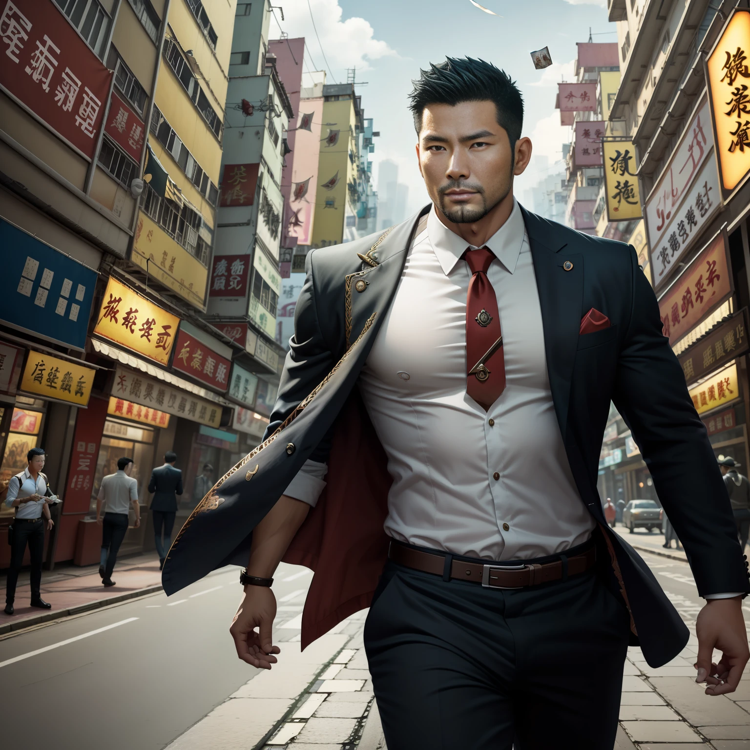 (Masterpiece) Extremely high-quality, ultra-detailed illustrations, ultra-high resolution, Interprets the handsome image of 35-year-old Hong Kong detective Kong Lin, who is mature and mature。very muscular，Short hair and inadequate trimming of stubble，Dress up in a surreal city。Magic the Gathering cards floating around him，The red dragon flew by leisurely。Background details are exquisite，The scene is surreal，Create an enchanting graphic style。