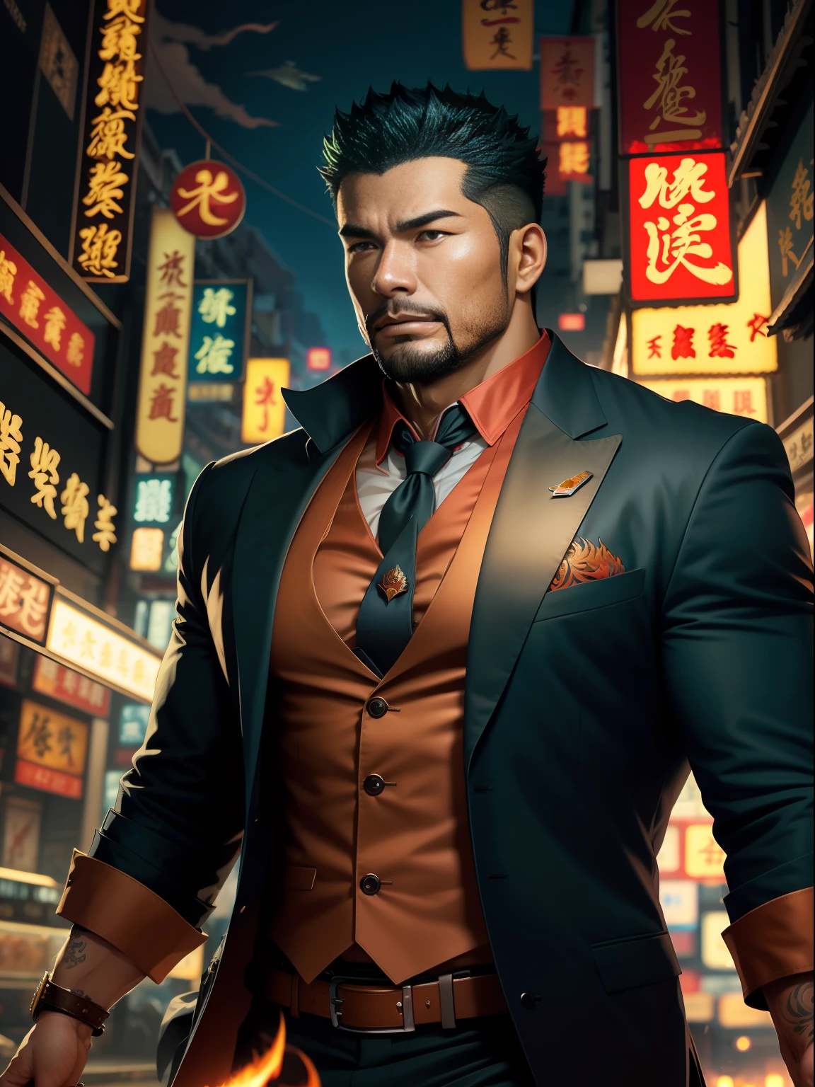 (Masterpiece) Extremely high-quality, ultra-detailed illustrations, ultra-high resolution, Interprets the handsome image of 35-year-old Hong Kong detective Kong Lin, who is mature and mature。very muscular，Short hair and inadequate trimming of stubble，Dress up in a surreal city。Magic the Gathering cards floating around him，The red dragon flew by leisurely。Background details are exquisite，The scene is surreal，Create an enchanting graphic style。
