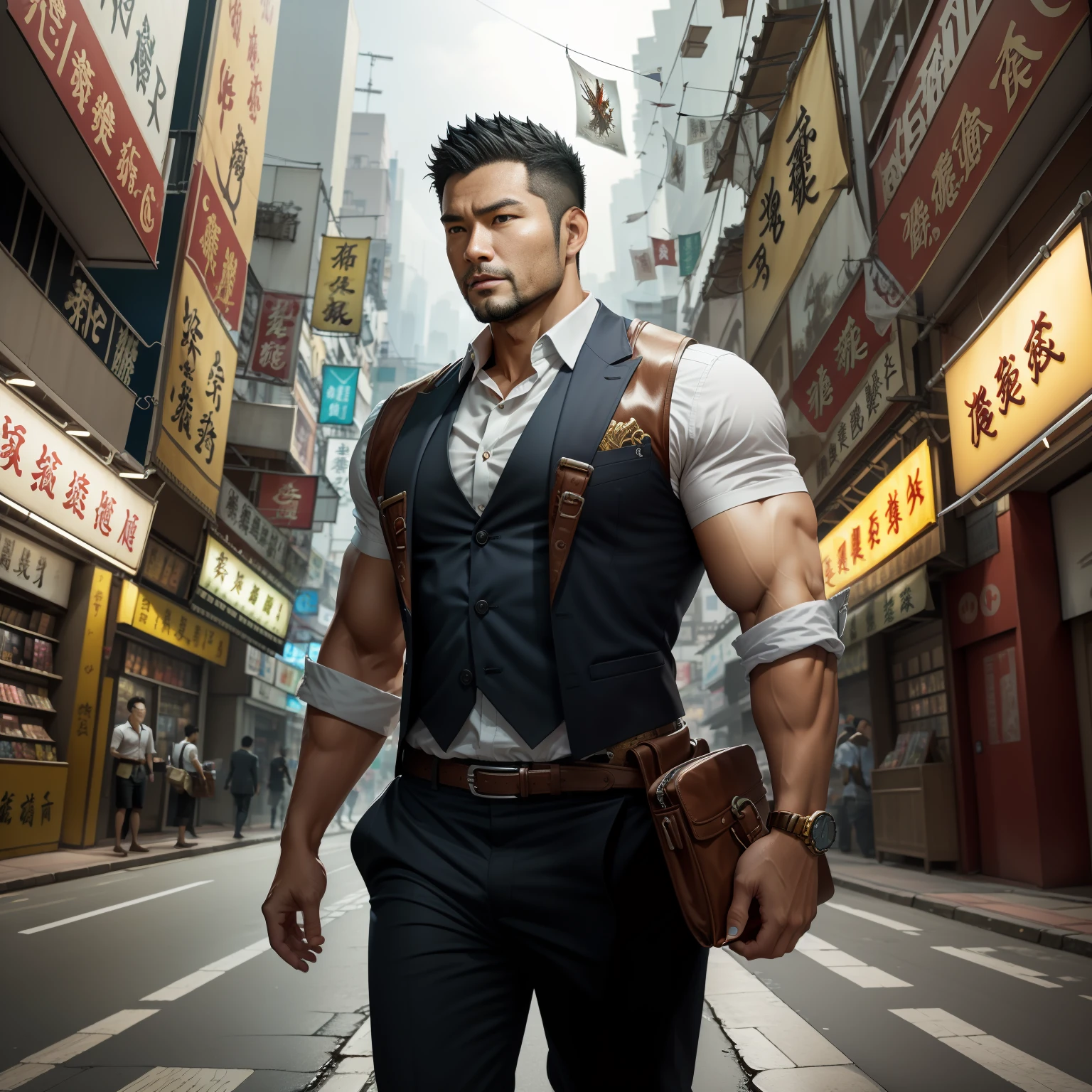 (Masterpiece) Extremely high-quality, ultra-detailed illustrations, ultra-high resolution, Interprets the handsome image of 35-year-old Hong Kong detective Kong Lin, who is mature and mature。very muscular，Short hair and inadequate trimming of stubble，Dress up in a surreal city。Magic the Gathering cards floating around him，The red dragon flew by leisurely。Background details are exquisite，The scene is surreal，Create an enchanting graphic style。