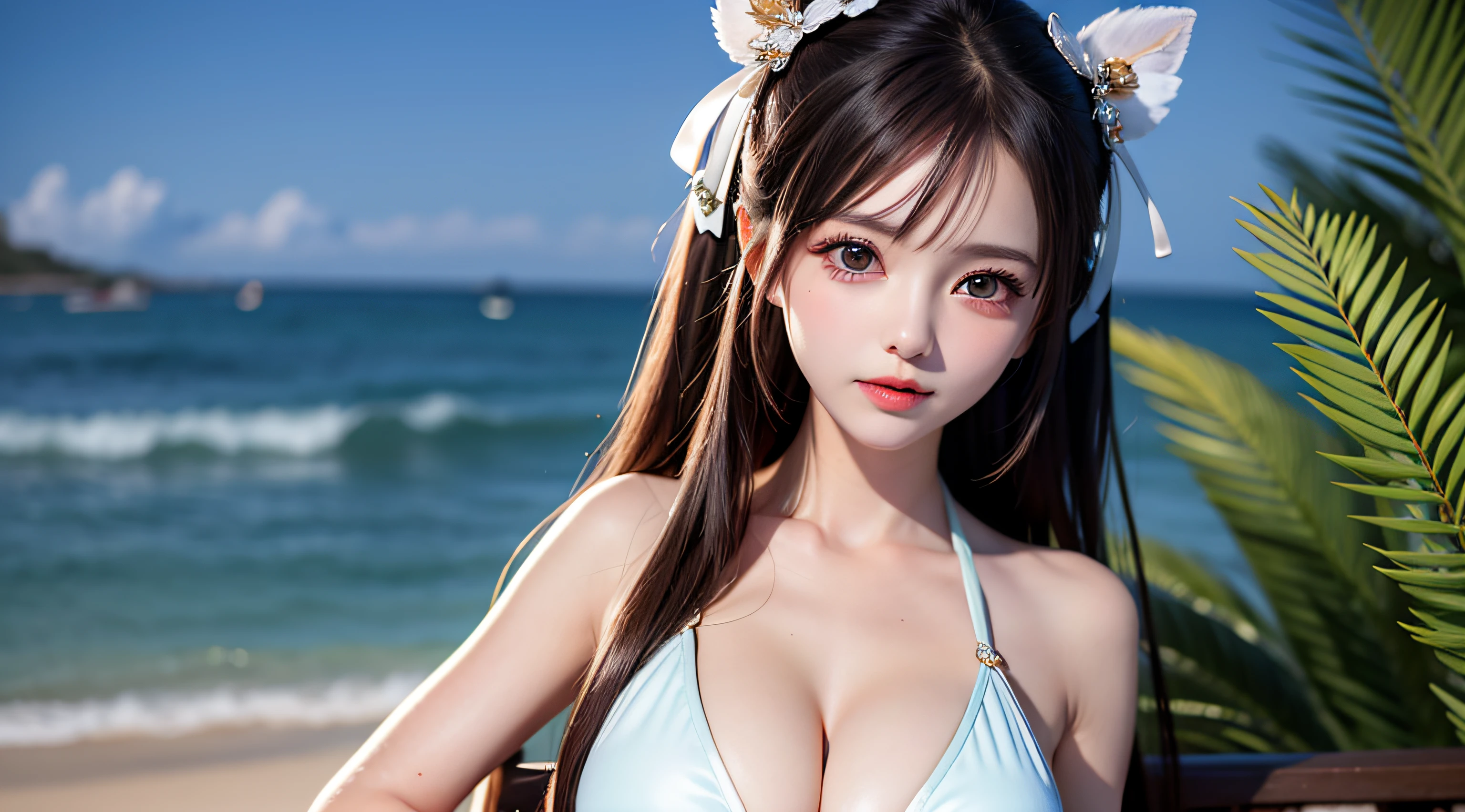 best qualitiy,nmasterpiece,extreamly delicate and beautiful,intensely detailed,CG,unified,8k壁紙,beautiful detailed girl,(very detailled face), 1girls,独奏,Half-body,on the seashore,in a bikini,Giant tits