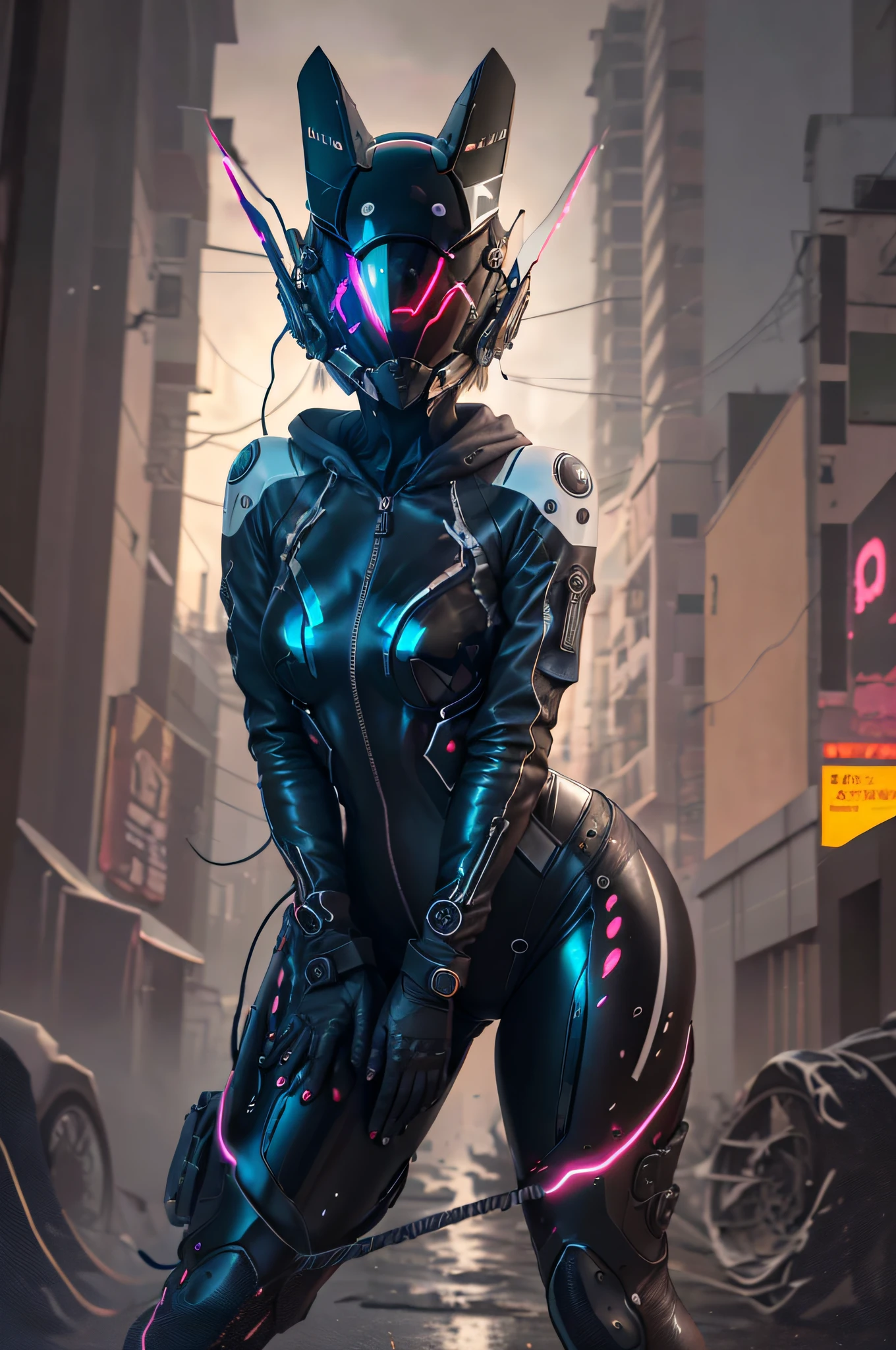 solo, Raw photo, realistic, masterpiece, best quality, high resolution, ultra detailed, offical arts, unity 8K wallpaper, offical wallpaper, moody atmosphere, chiaroscuro, celty, 1girl,1female, helmet, bodysuit, black bodysuit, skin tight, biker clothes, animal ears, bikesuit, leather, large breasts, night, moonlight, gloves, (((unzipping))), innerboob, pose, a person in a cyberhelmet, white cyberhelmet, fantastic, close up, motion lines, buttom up top down, bent over, hyper detailed, neon lights, neon colors, cyberpunk, reflections, shining, sparks, shy and seductive posture arching your back down,
