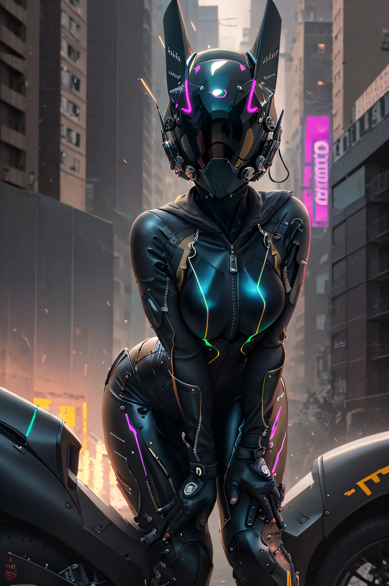 solo, Raw photo, realistic, masterpiece, best quality, high resolution, ultra detailed, offical arts, unity 8K wallpaper, offical wallpaper, moody atmosphere, chiaroscuro, celty, 1girl,1female, helmet, bodysuit, black bodysuit, skin tight, biker clothes, animal ears, bikesuit, leather, large breasts, night, moonlight, gloves, (((unzipping))), innerboob, pose, a person in a cyberhelmet, white cyberhelmet, fantastic, close up, motion lines, buttom up top down, bent over, hyper detailed, neon lights, neon colors, cyberpunk, reflections, shining, sparks, shy and seductive posture arching your back down,