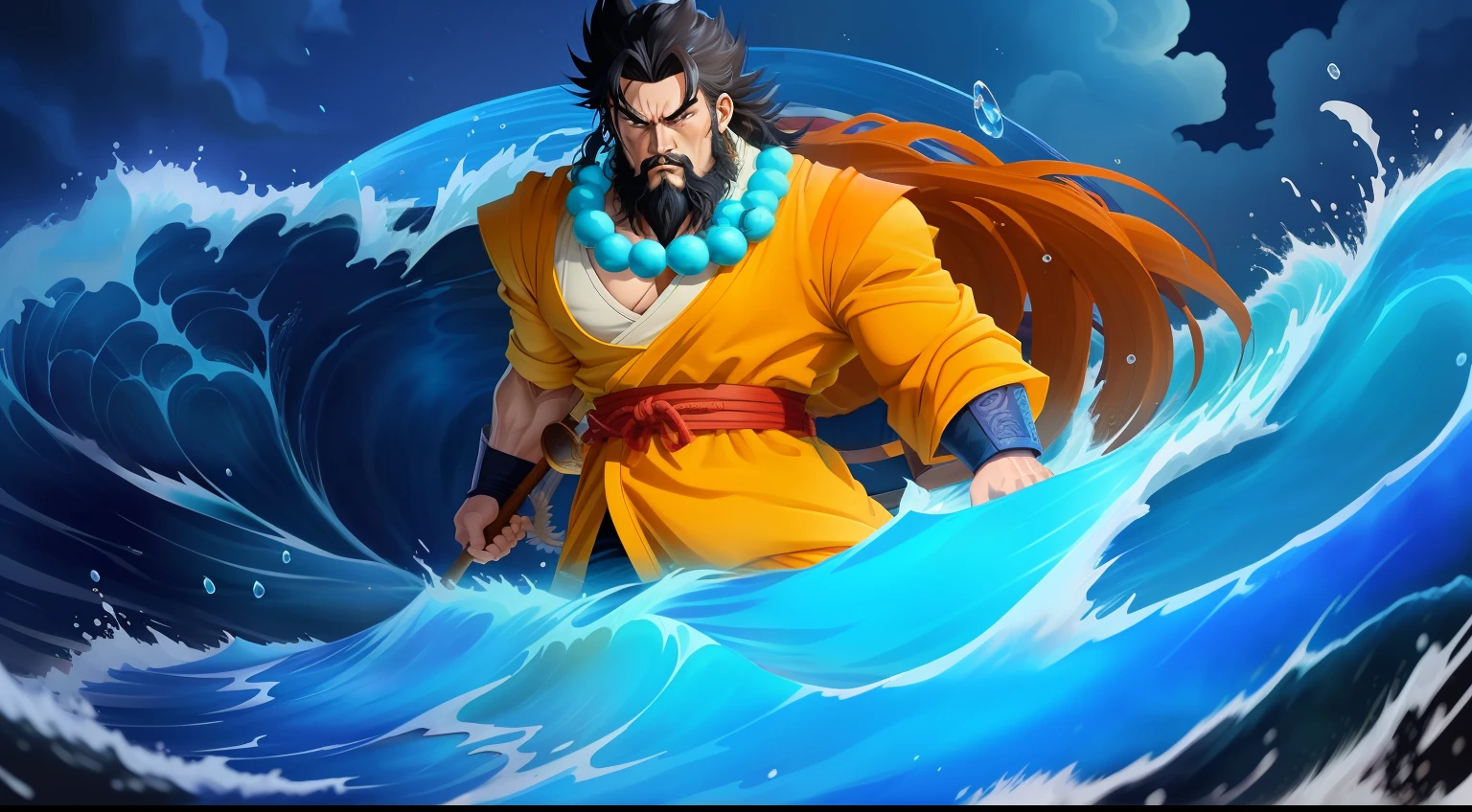 cartoon illustration of a man in a yellow outfit riding a wave, legendary god holding spear, Son Goku, Inspired by Hu Zaobin, Taoist, akira from chinese mythology, the god of the sea, the god poseidon, god of the ocean, Inspired by Huang Shen, atlantean warrior, furious god Zeus, Guan yu, Taoist
