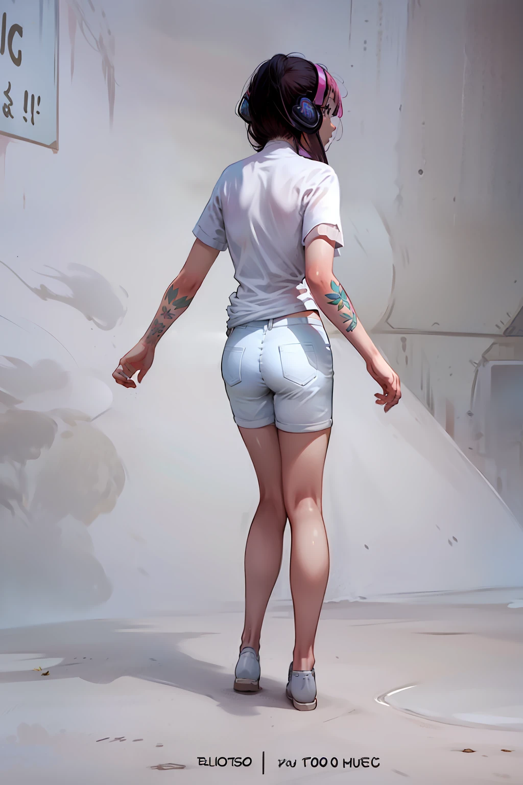20 year old girl, de espaldas, pelo magenta con mechas blancas, Rear view, en una plaza publica, perspectiva profunda, by day, en verano