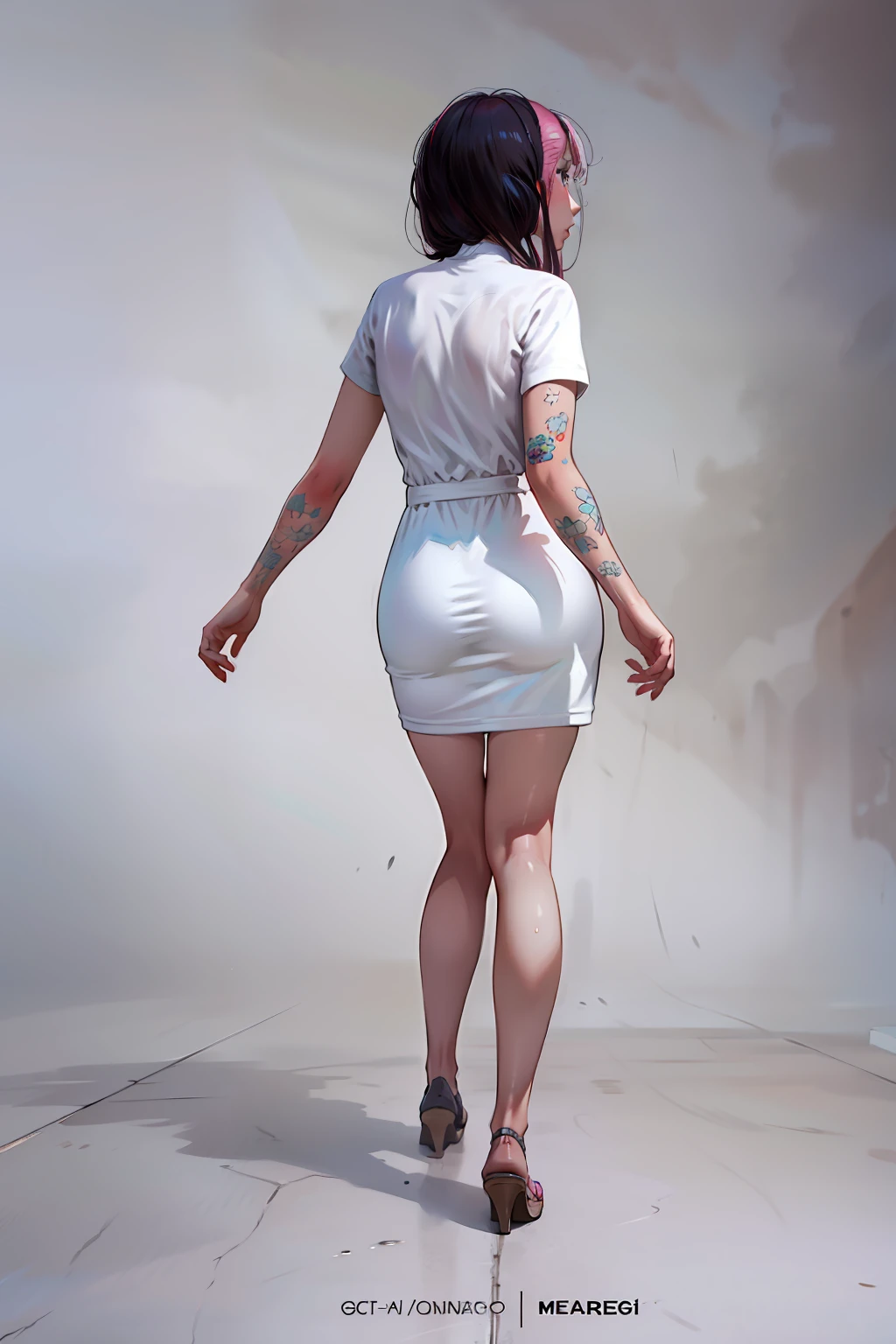 20 year old girl, de espaldas, pelo magenta con mechas blancas, Rear view, en una plaza publica, perspectiva profunda, by day, en verano