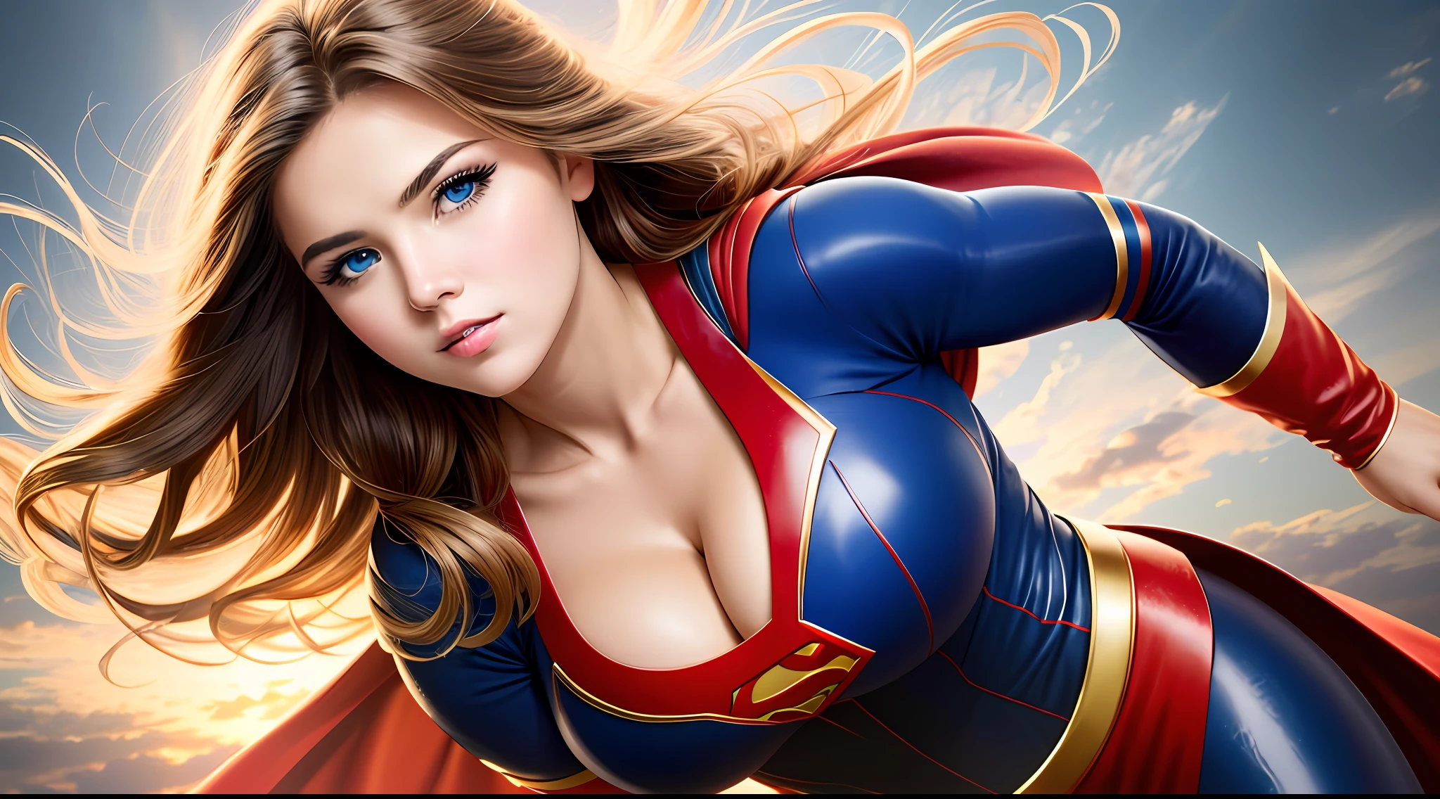 photo portrait of the Supergirl, colorful, realistic round eyes, dreamy magical atmosphere, superheroine costume, (large breasts:1.3),
