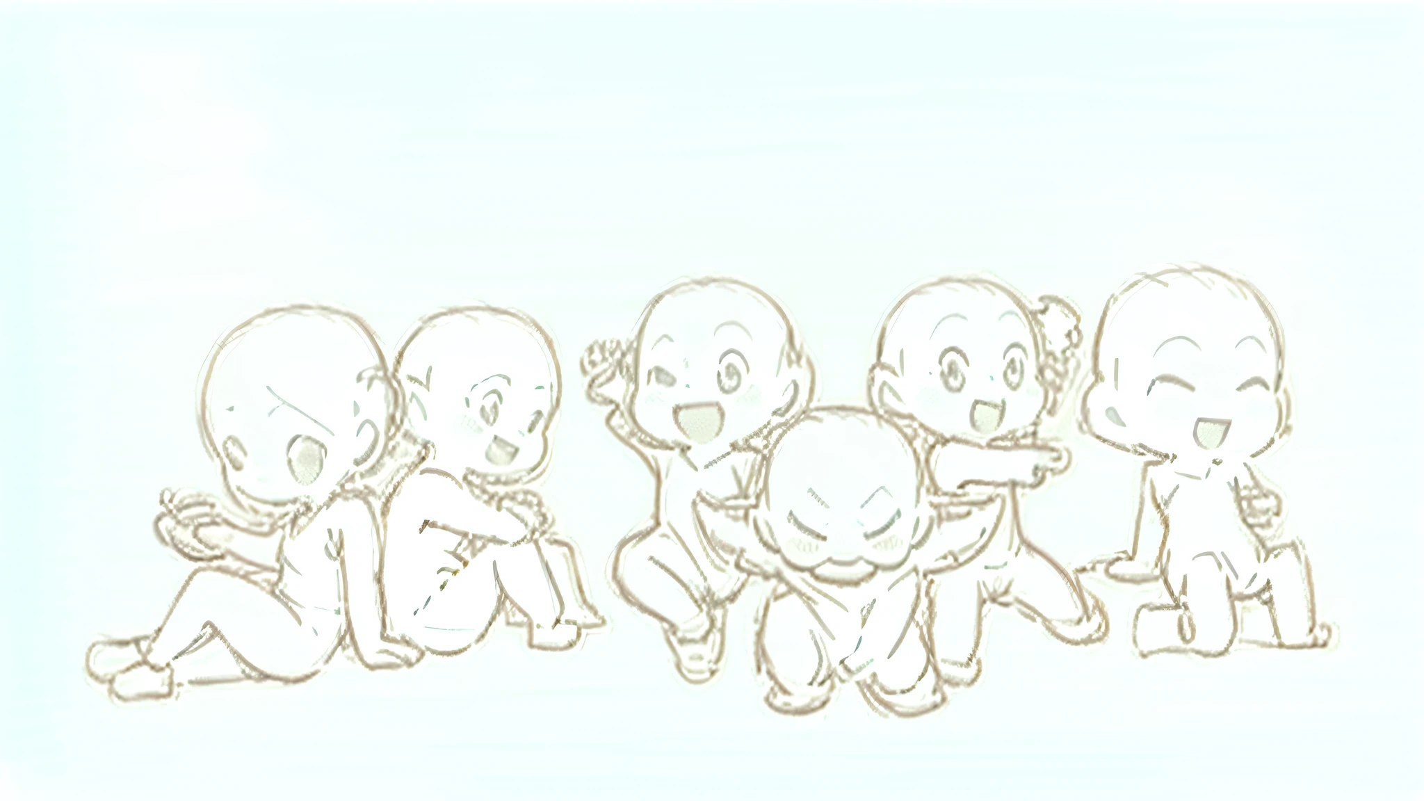 ［6 little girls］Cartoon drawing of a group of people sitting on the ground，Multiple poses，in a variety of poses，in a variety of poses，various action pose，different postures，relaxed posture，lascivious posture，Full body fun pose，lascivious posture（Arms up+cheerfulness），epic poses，line art!!,chibi proportions，expressive poses，various bending poses，neutral pose，most strongest pose，anime pose，Fighting posture