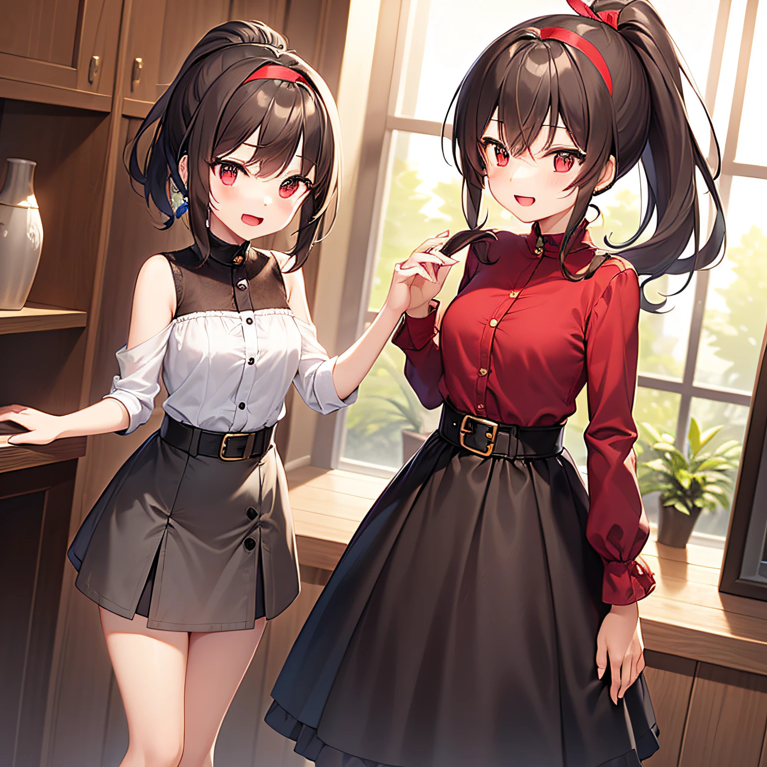 best-quality、extremely delicate and beautiful、(One person)、girly、girly、、(Dark hair)、Gray clothes with vertical buttons、Belt at waist、Gray skirt、((a ponytail))、(red hairband)、(Brown boots)、Red eyes、Standing、smilling face、
