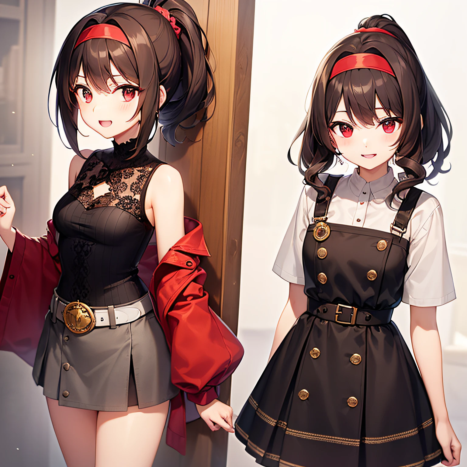 best-quality、extremely delicate and beautiful、(One person)、girly、girly、11 years old、(Dark hair)、Gray clothes with vertical buttons、Belt at waist、Gray skirt、((a ponytail))、(red hairband)、(Brown boots)、Red eyes、Standing、smilling face、