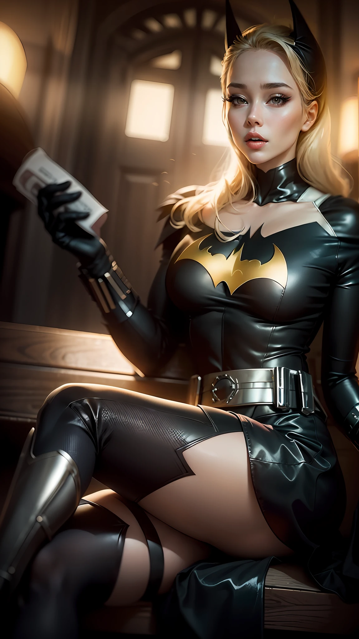 Batwoman in a white shirt and black skirt sitting on a bench, sexy look, very sexy, very sexy outfit, blonde goddess, 8k)), thighhighs and skirt, sexy outfit, seductively looking in front, stunning woman, very attractive, sexy girl, candid shot, gorgeous lady, fully dressed, angelawhite, beautiful angle, miniskirt