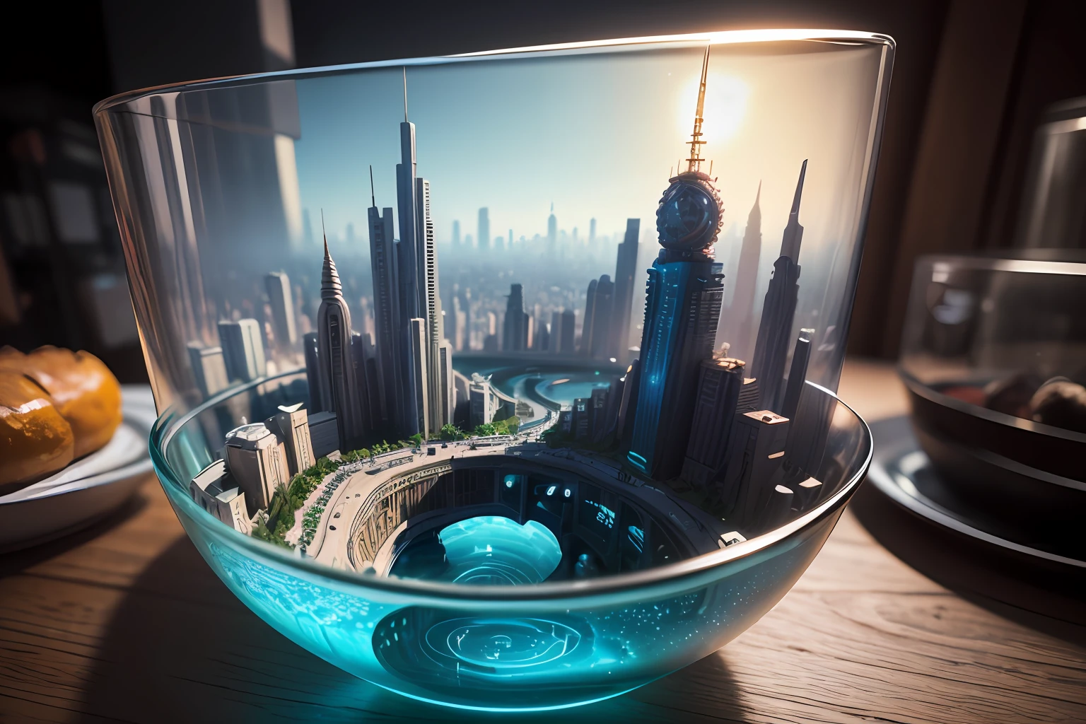 mini\(ttp\), (8k, RAW photo, best quality, masterpiece:1.2), cyberpunk city, isometric, miniature, landscape, glass bowl,