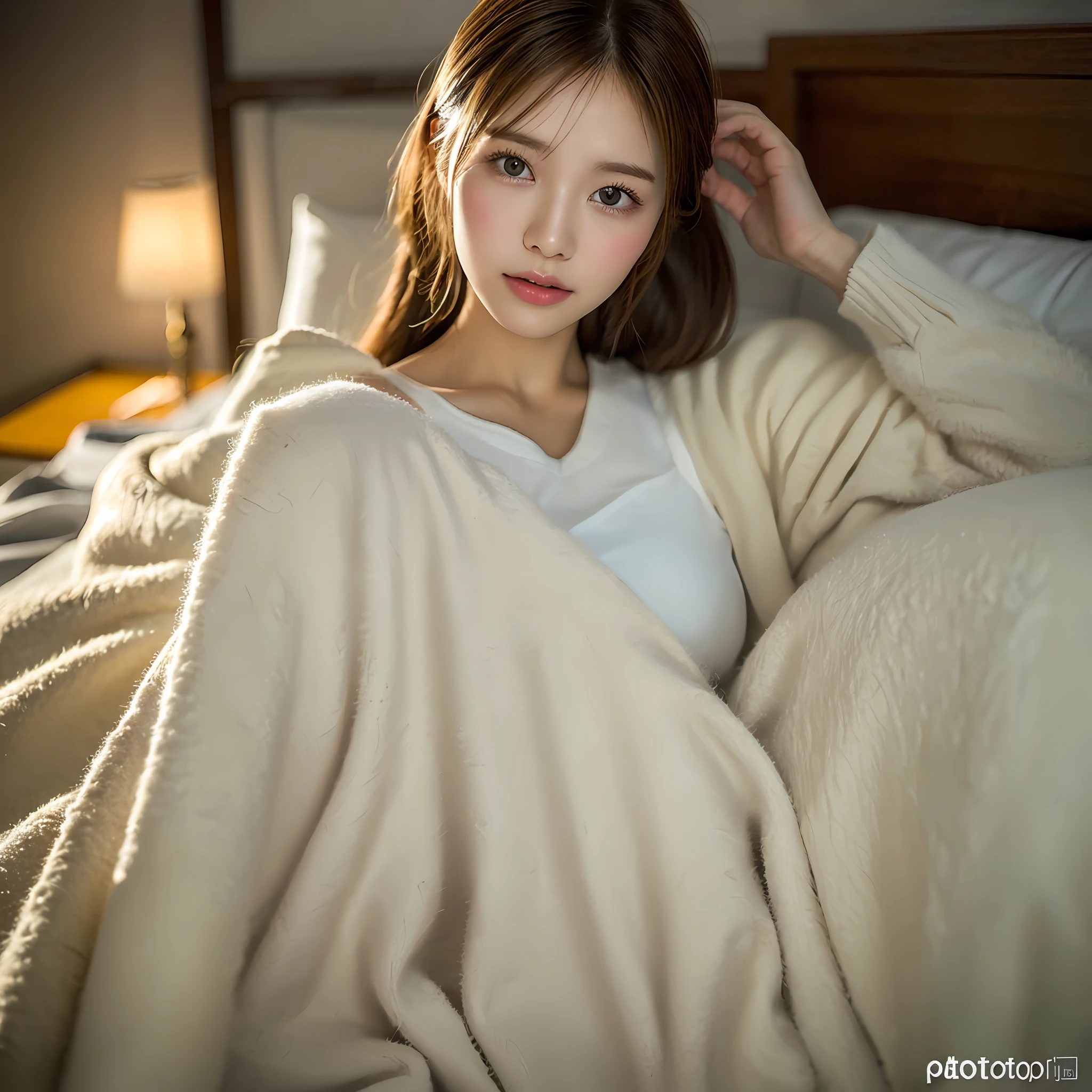 (in 8K、maximum quality、Master Pea:1.2)、(haired、_style)、(Realstic、pfotorealistic:1.37)、maximum quality、Master peace、Shot in a stately furnished luxury hotel、Gorgeous backgrounds、Sleeping in bed with an ultra-thin blanket、Cover below your stomach with a blanket、in a blanket、Large room、[mediur breasts]、[little chest]、1 photo、High Balance、Backlight、shooting full body、Sleep in bed、From the knee up、Camera angle with background facing up、Night outside、Shot in the dim yellow light of the room、Hair arrangements and underwear styles that match the trends of 2023、3 years Japan、Realstic、super-detail、Beautiful facial features、20s、Actress、Half-Japanese and Russian models、Elaborate CG、slender、Charming、college students、Bob Hair Model、Hair fluttering in the wind、Delicate skin type、Hair with fine details and softness、The model's hair color is slightly lighter and softer、Gloss makeup、The white blanket clearly reflects the silhouette of the body