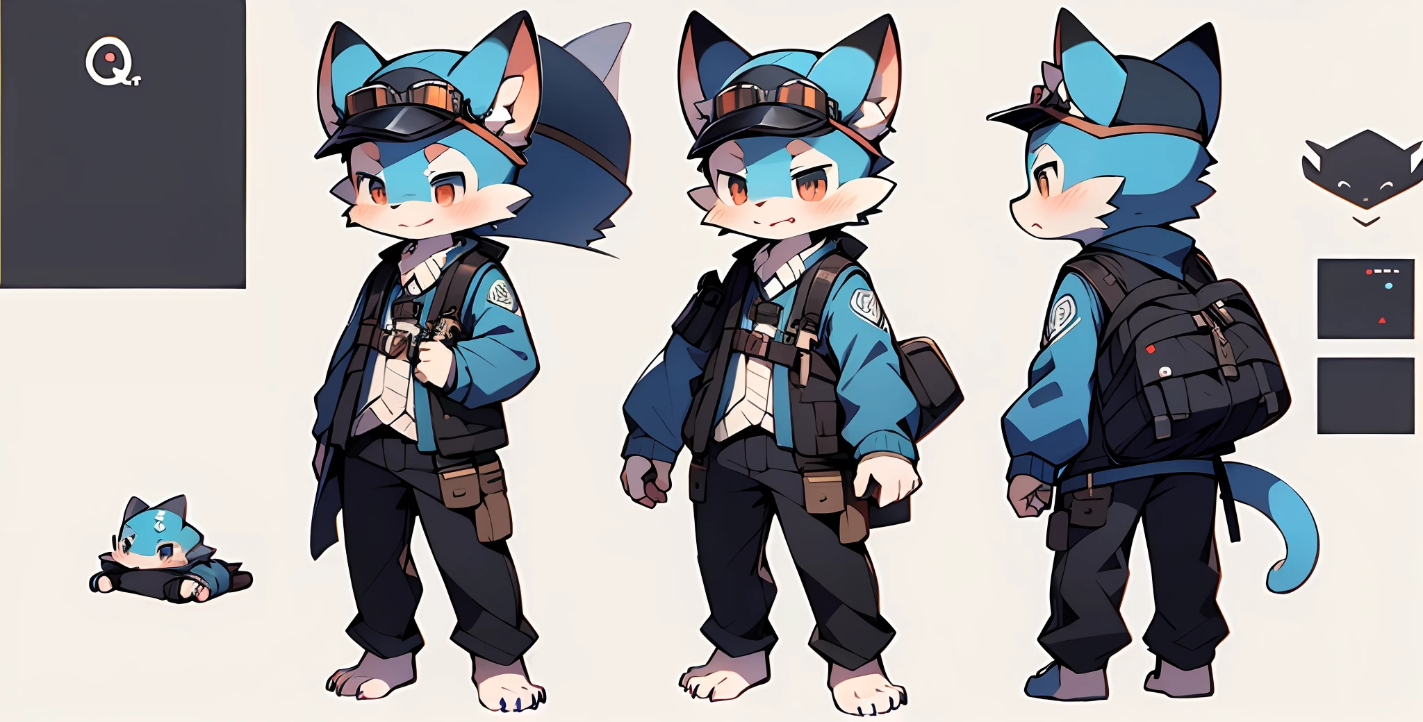 （drak）， Blue scales， Q version， Cutes， to stand， Master masterpieces， highly resolution，8K，white backdrop，hight quality，Libido boy，（by Dagasi：1.1），独奏，( ( characterconcept art，reference sheet，individuality，character design sheet) )，(satchel，Officer cap，correspondence，protective goggles，A barefoot)