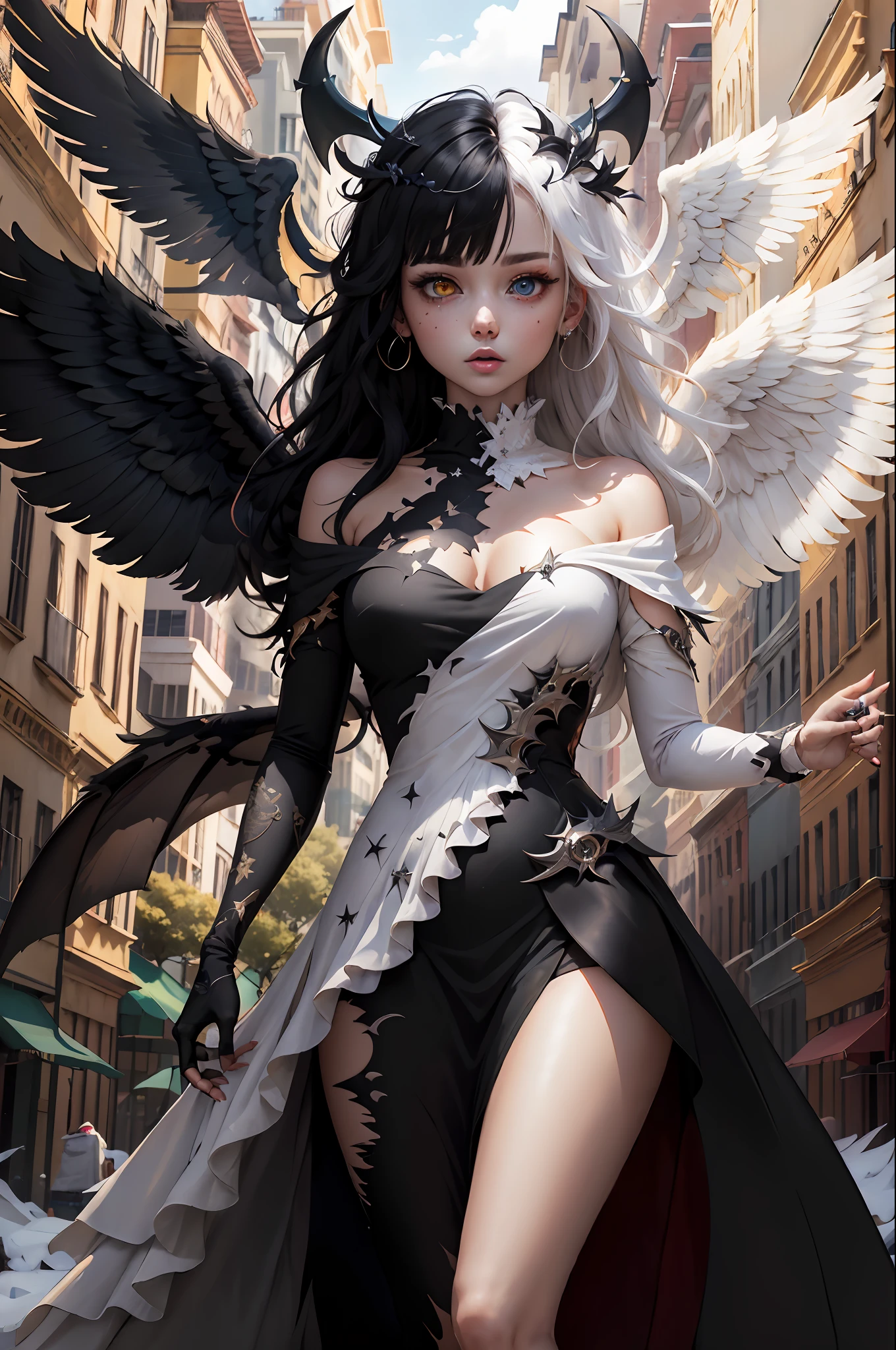 (masterpiece:1.3),(best quality:1.2),8k,absurdres,unity 8k wallpapper,(extremely detailed:1.3),highestres,
1girl, ,heterochromia, white hair, black hair, split theme, angel,devil,wings,