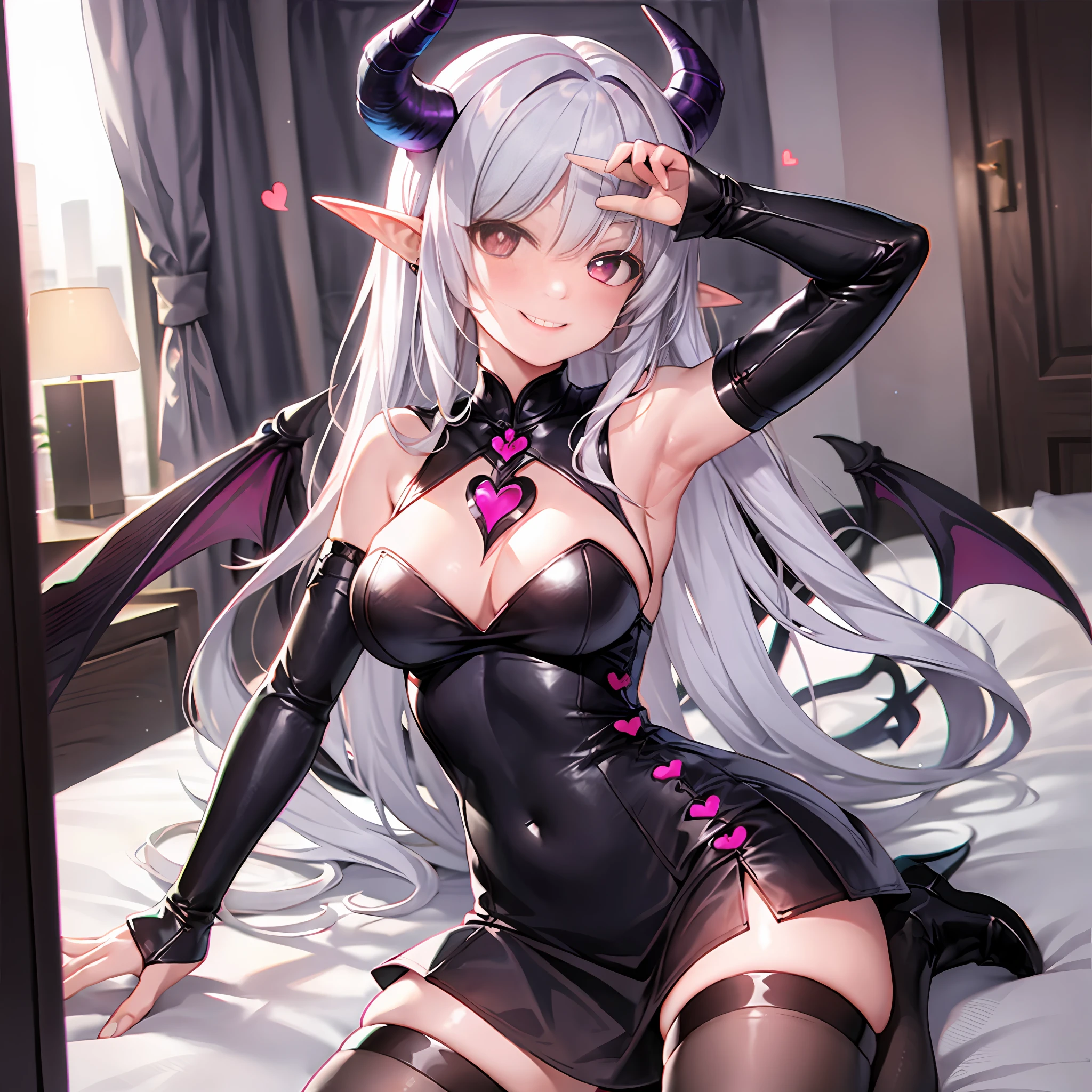 1girl, solo, demon girl, seductive smile, white hair, demon horns, demon tail, demon wings, pink eyes, gradient eyes, black thighhighs, highleg dress, wariza, heart-shaped pupils, hotel room