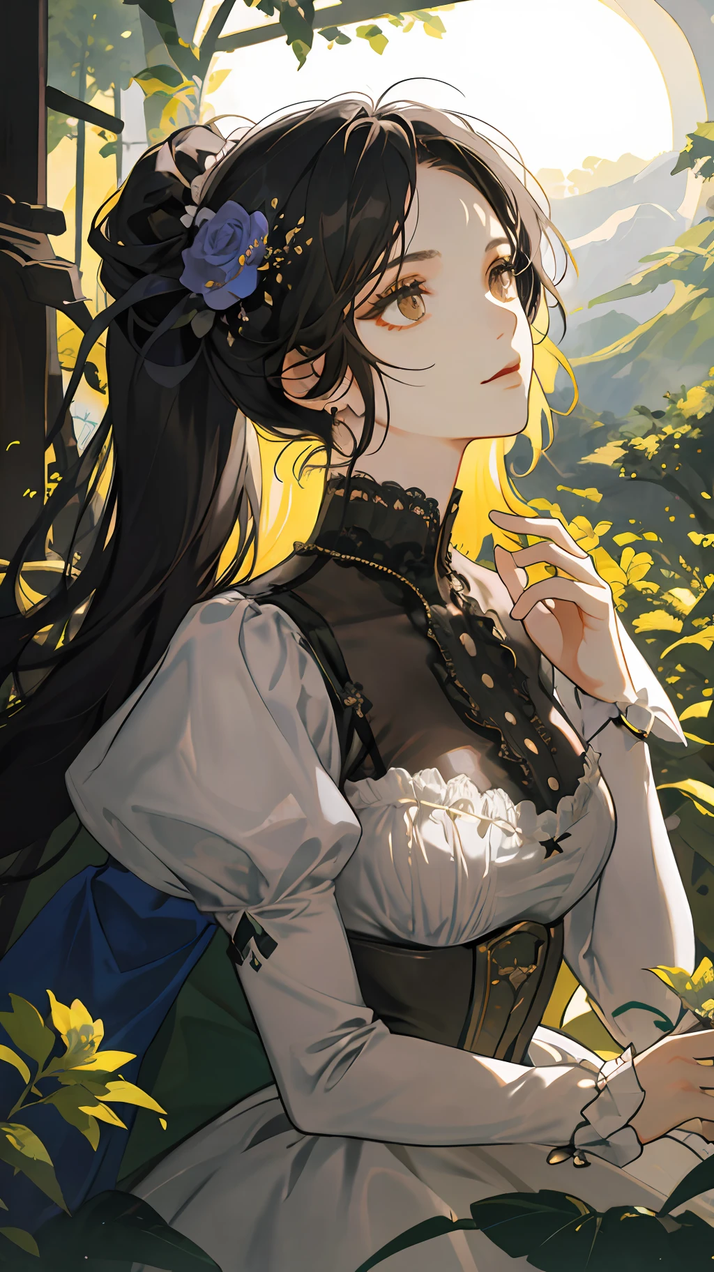 ((masterpiece: 1.2, best quality)), 1 woman, long black hair, wolf haircut, dark brown eyes (beautiful: 1.4), Victorian dress, fantasy, royalty, forest, blooming flowers, sunlight, fantastic light and shadow , landscape, extremely detailed face, portrait