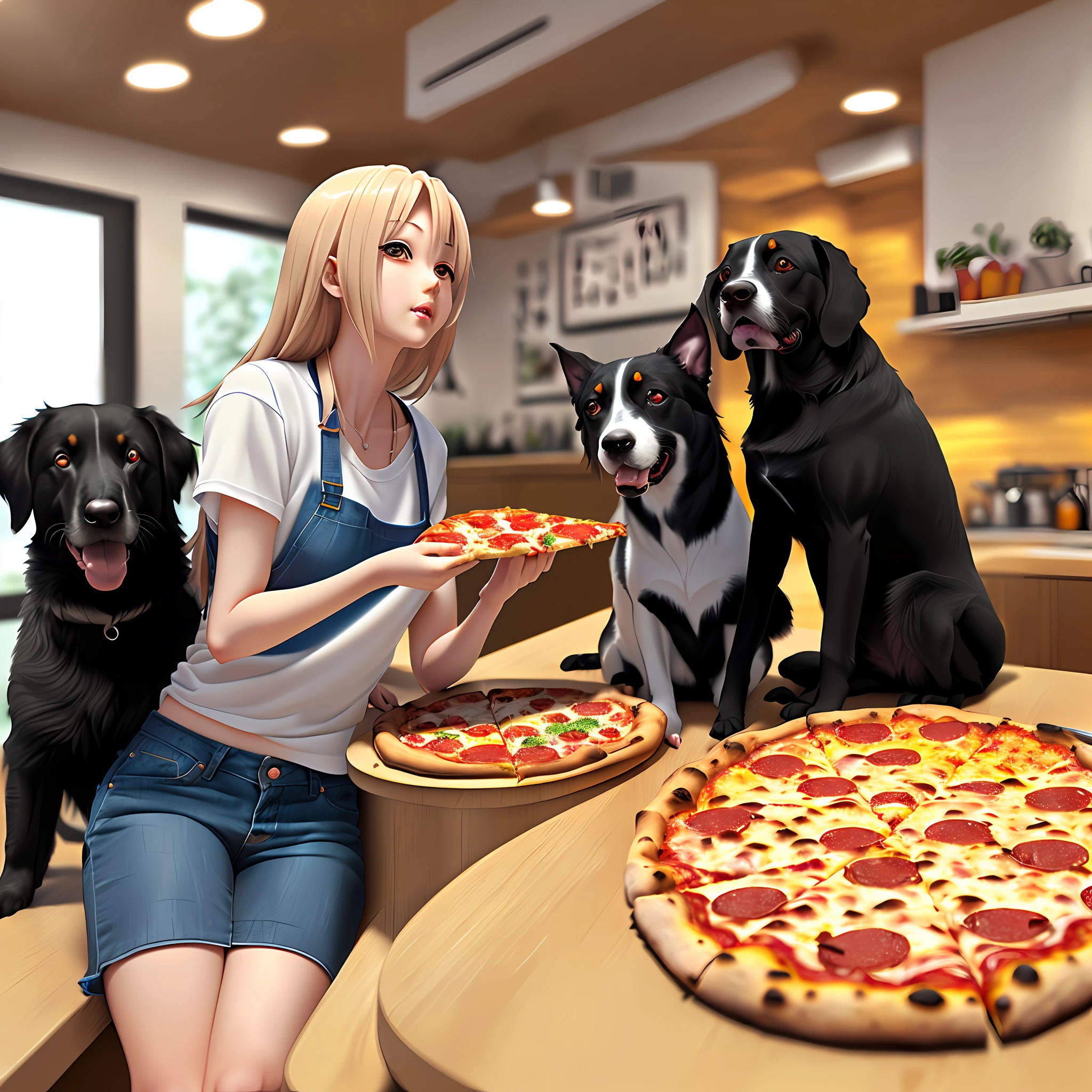 there is a woman sitting on a table with two dogs and a pizza, sharing a pizza, eating pizza, munching pizza, realistic anime artstyle, realistic anime art style, anime realism style, anime food, eating a pizza, pizza!, realistic anime 3 d style, with dogs, detailed digital anime art, artwork in the style of guweiz, at pixiv, fix face