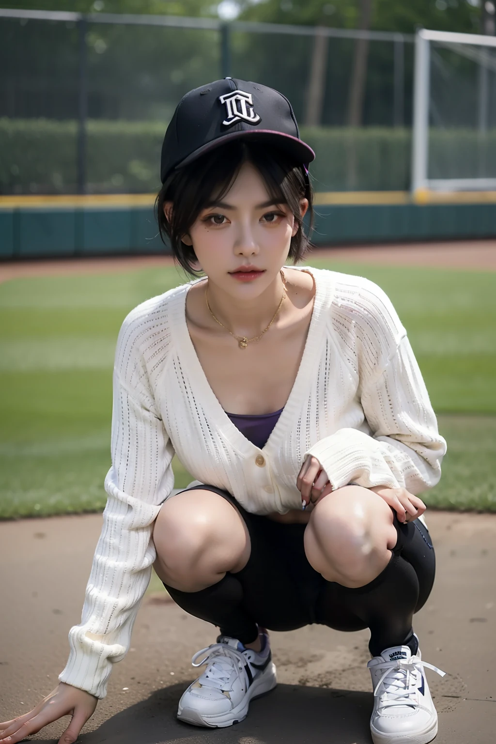 (masterpiece:1.3), (8k, photorealistic, RAW photo, best quality: 1.4), (1girl), beautiful face, (realistic face), (black hair, short hair:1.3), Nice hairstyle,realisticeyes,Nice detail eyes,((Realistic skin)),Beautiful skins,(sweater),absurd res,enticing,The ultra-great resolution,ultra realistis,very detailled,the golden ratio,Beige sneakers,(Purple Sports Bra),Black and white Baseball cap,masterpiece, best quality, fishnet thighhighs,loli,squatting,