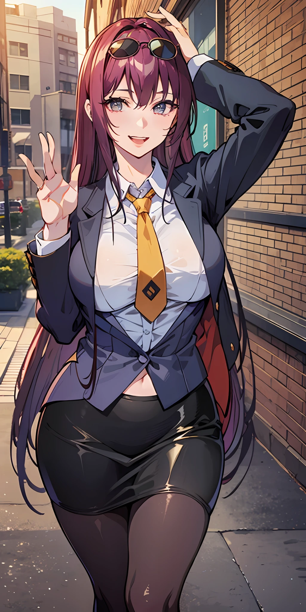 (Masterpiece: 1.6, Best Quality), (Fine and Beautiful Eyes: 1.2), (Overhead), High Quality, Beautiful Face, 1girl, Leather Tight Skirt, Oversized Leather Jacket, Big Tits, Long Hair, Wide Hips, (Landscaped, ), Street, Background, Detailed Background, Spooky Grin, Angled Laughter at the Corners of the Mouth, Long Coat, Shirt, Tie, Office Lady, Mature Woman, Eyewear on Head, Sunglasses
