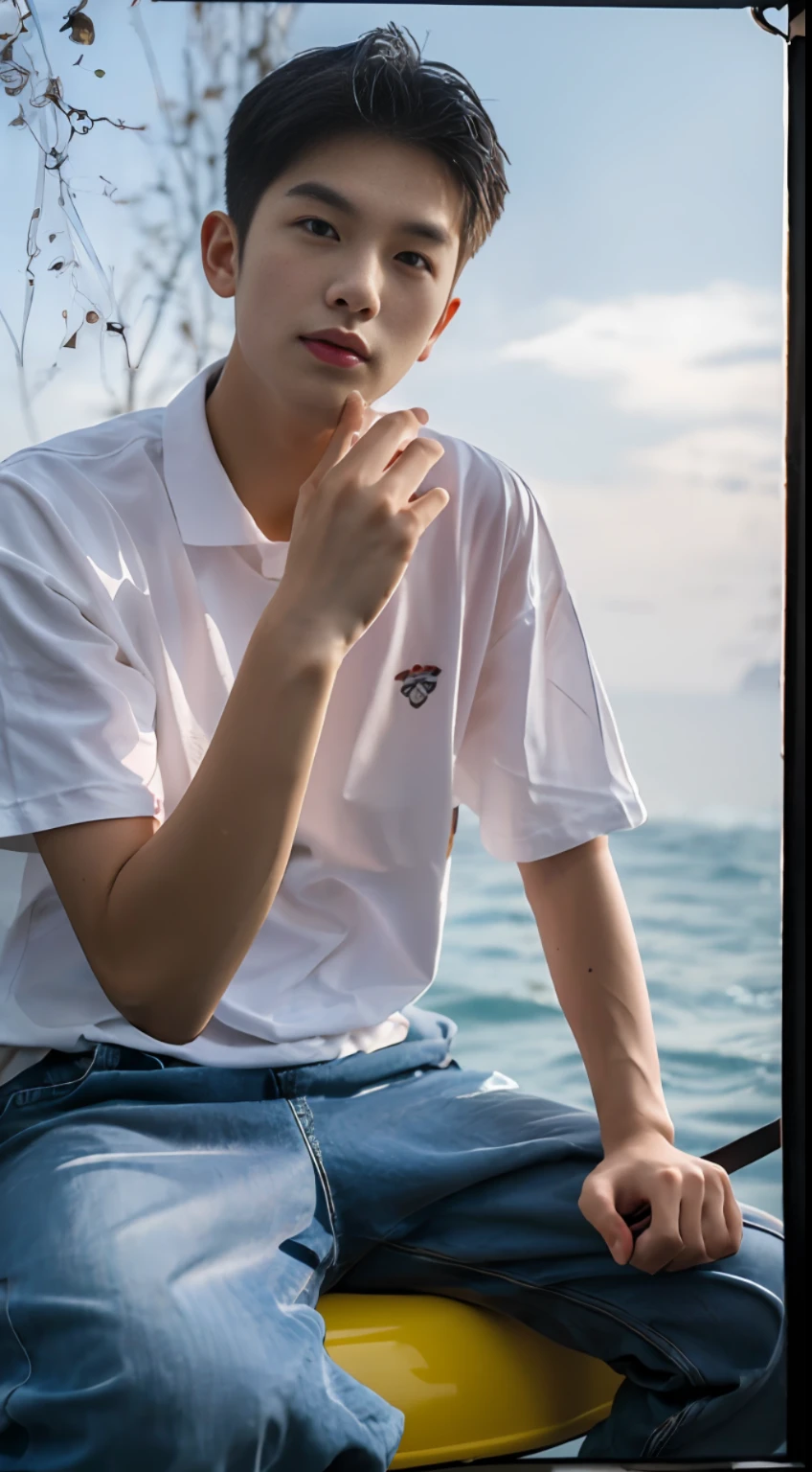 (1 Chinese boy:1.5),Men playing guitar by the sea,phuket,Light on the face,photo of a realistic,photo of a realistic,Textured skin,Look into the camera,18-year-old boy,studio,mannequin,clong legs