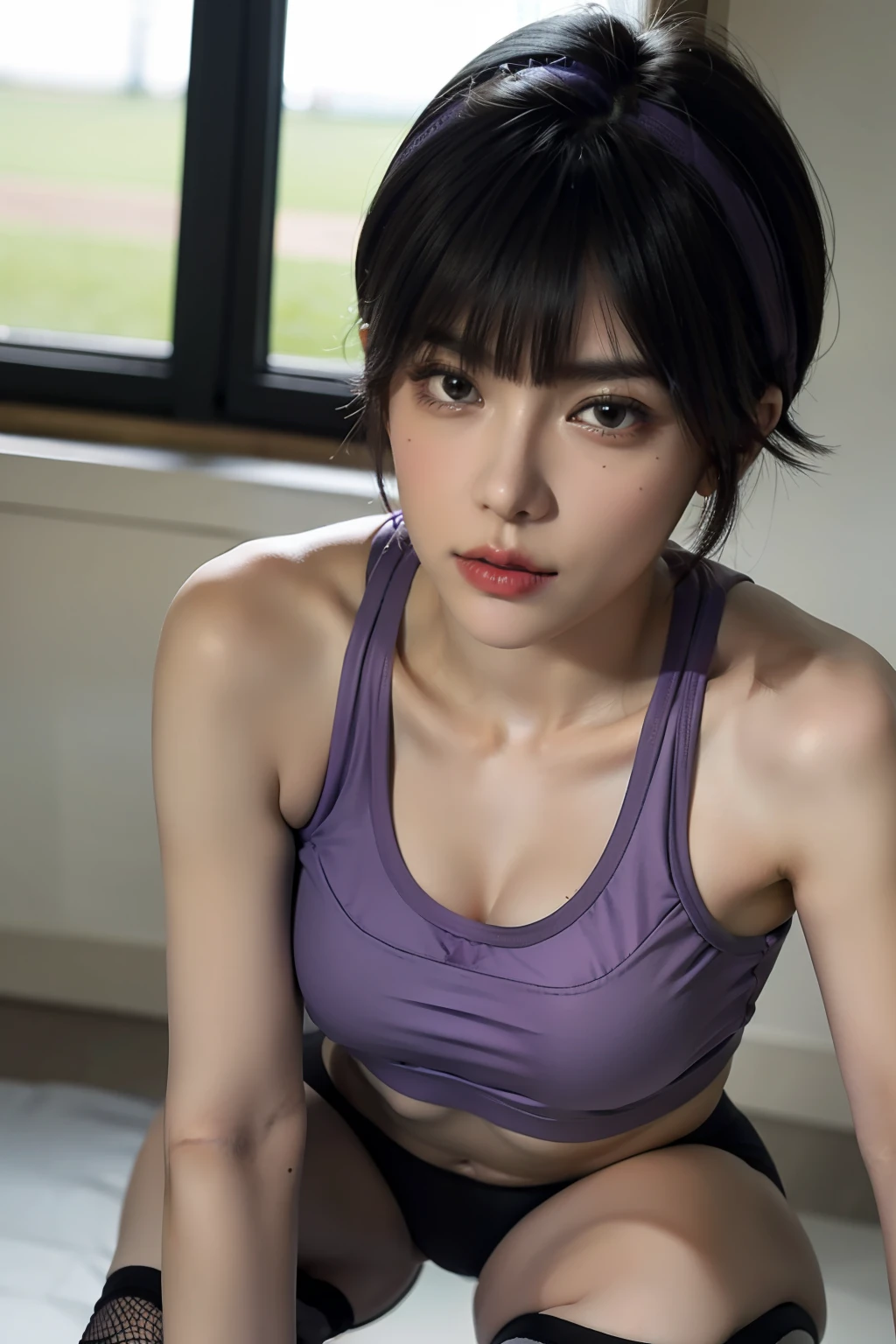 (masterpiece:1.3), (8k, photorealistic, RAW photo, best quality: 1.4), (1girl), beautiful face, (realistic face), (black hair, short hair:1.3), Nice hairstyle,realisticeyes,Nice detail eyes,((Realistic skin)),Beautiful skins,(sweater),absurd res,enticing,The ultra-great resolution,ultra realistis,very detailled,the golden ratio,Beige sneakers,(((Purple Sports Bra))),Black and white Baseball cap,masterpiece, best quality, fishnet thighhighs,loli,squatting,